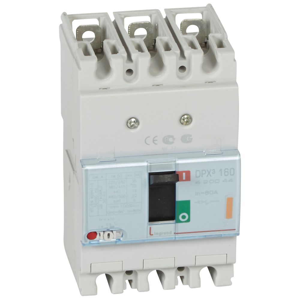 DPX3: kompakt prekidac 160A, 3P, F, FC, In=80A, Un=380/415V (Icu=25kA, Ics=100%Icu), termomagnetna zastitna jedinica (In=80A, Ir=0.8-1In, Im=10In)