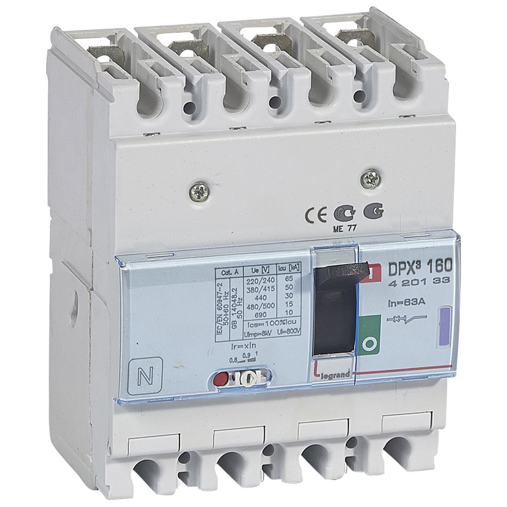 DPX3: kompakt prekidac 160A, 4P, F, FC, In=63A, Un=380/415V (Icu=50kA, Ics=100%Icu), termomagnetna zastitna jedinica (In=63A, Ir=0.8-1In, Im=10In)