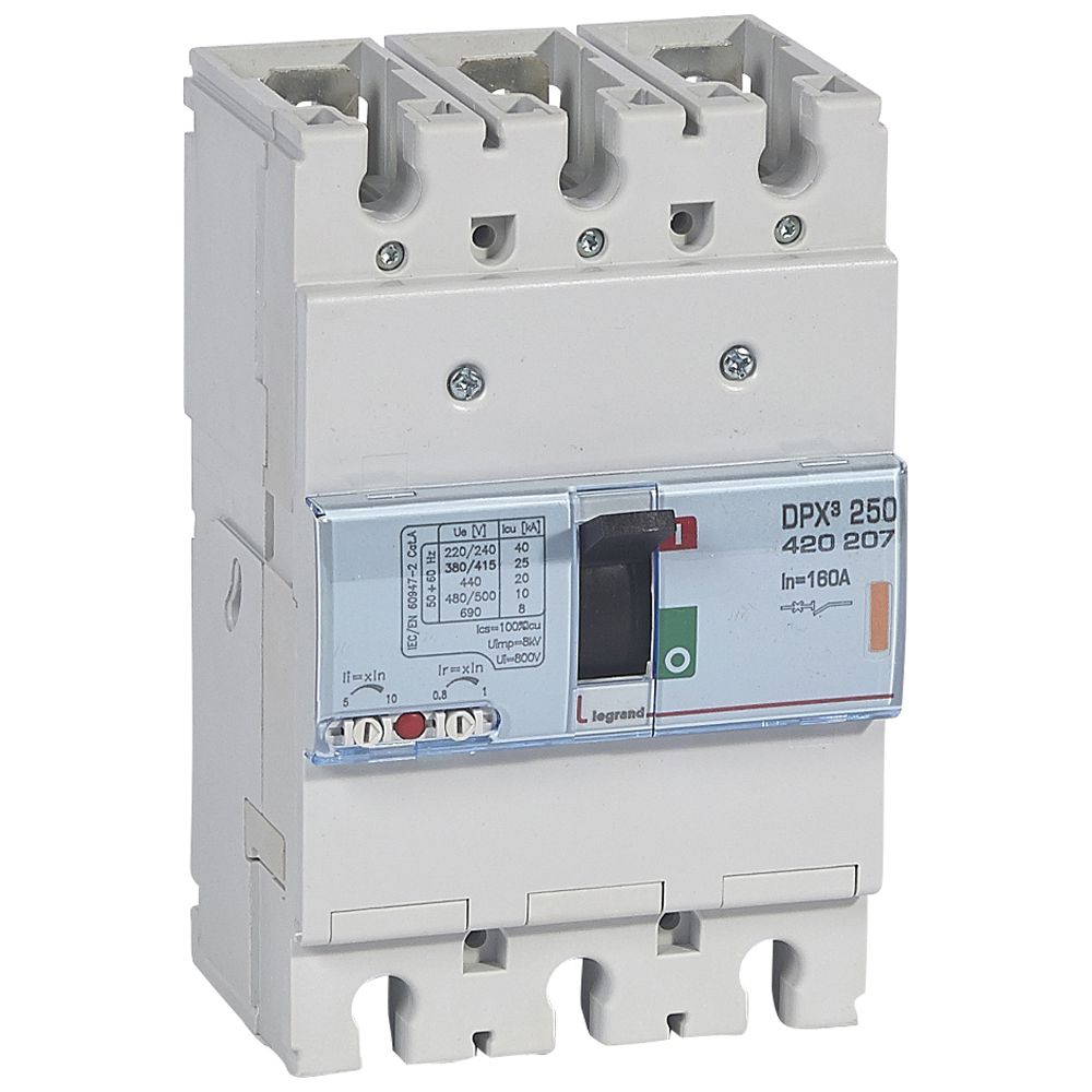 DPX3: kompakt prekidac 250A, 3P, F, FC, In=160A, Un=380/415V (Icu=25kA, Ics=100%Icu), termomagnetna zastitna jedinica (In=160A, Ir=0.8-1In, Im=5-10In)