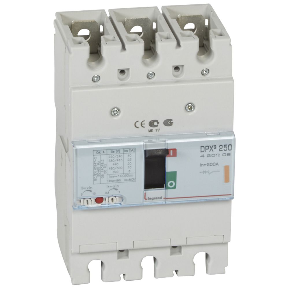 DPX3: kompakt prekidac 250A, 3P, F, FC, In=200A, Un=380/415V (Icu=25kA, Ics=100%Icu), termomagnetna zastitna jedinica (In=200A, Ir=0.8-1In, Im=5-10In)