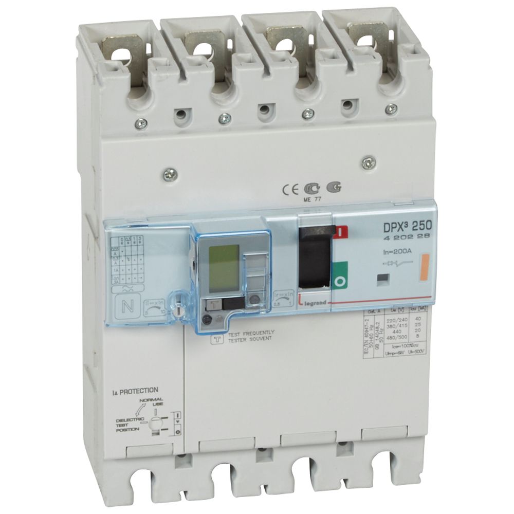 DPX3: kompakt prekidac 250A, 4P, F, FC, In=200A, Un=380/415V (Icu=25kA, Ics=100%Icu), termomagnetna zastitna jedinica (In=200A, Ir=0.8-1In, Im=5-10In), sa modulom diferencijalne zastite sa LCD (podešavanje osetljivosti: 0.03-0.3-1-3–3A, podešavanje vremena kašnjenja: 0-0.3-1-3s)