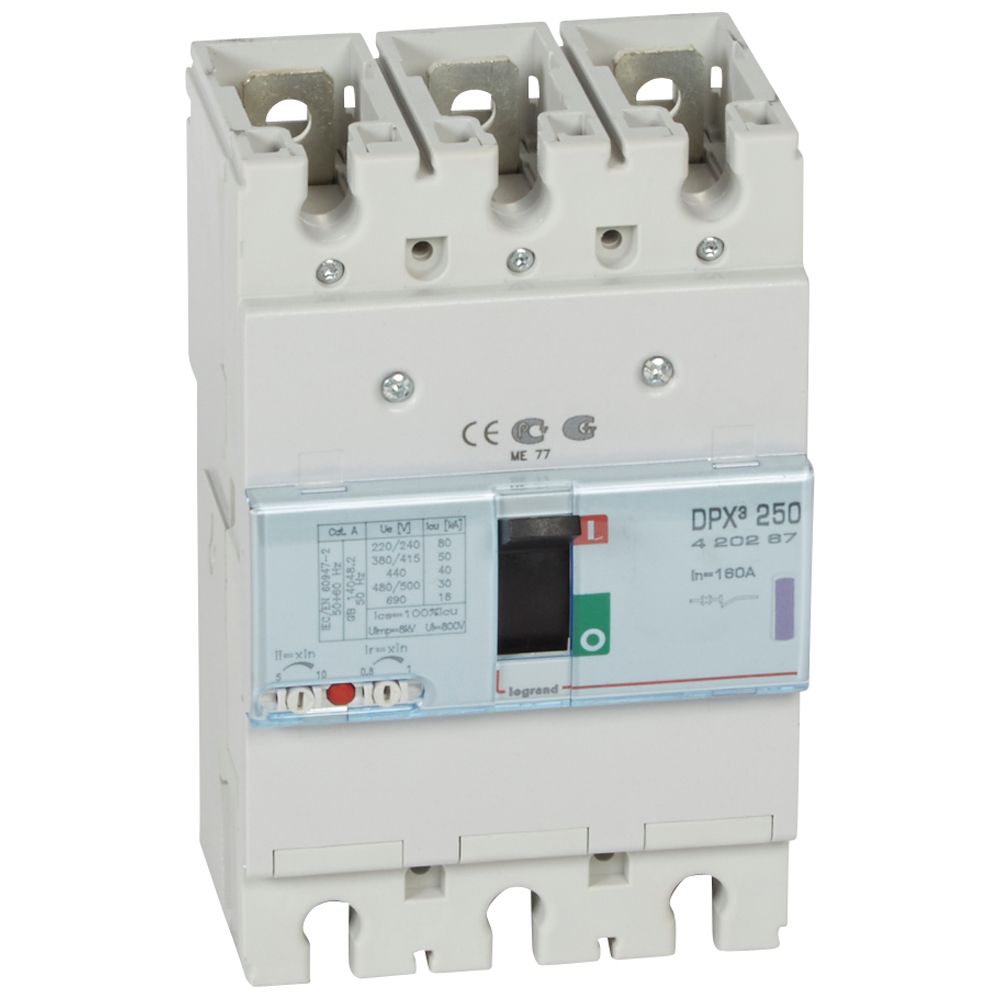 DPX3: kompakt prekidac 250A, 3P, F, FC, In=160A, Un=380/415V (Icu=50kA, Ics=100%Icu), termomagnetna zastitna jedinica (In=160A, Ir=0.8-1In, Im=5-10In)