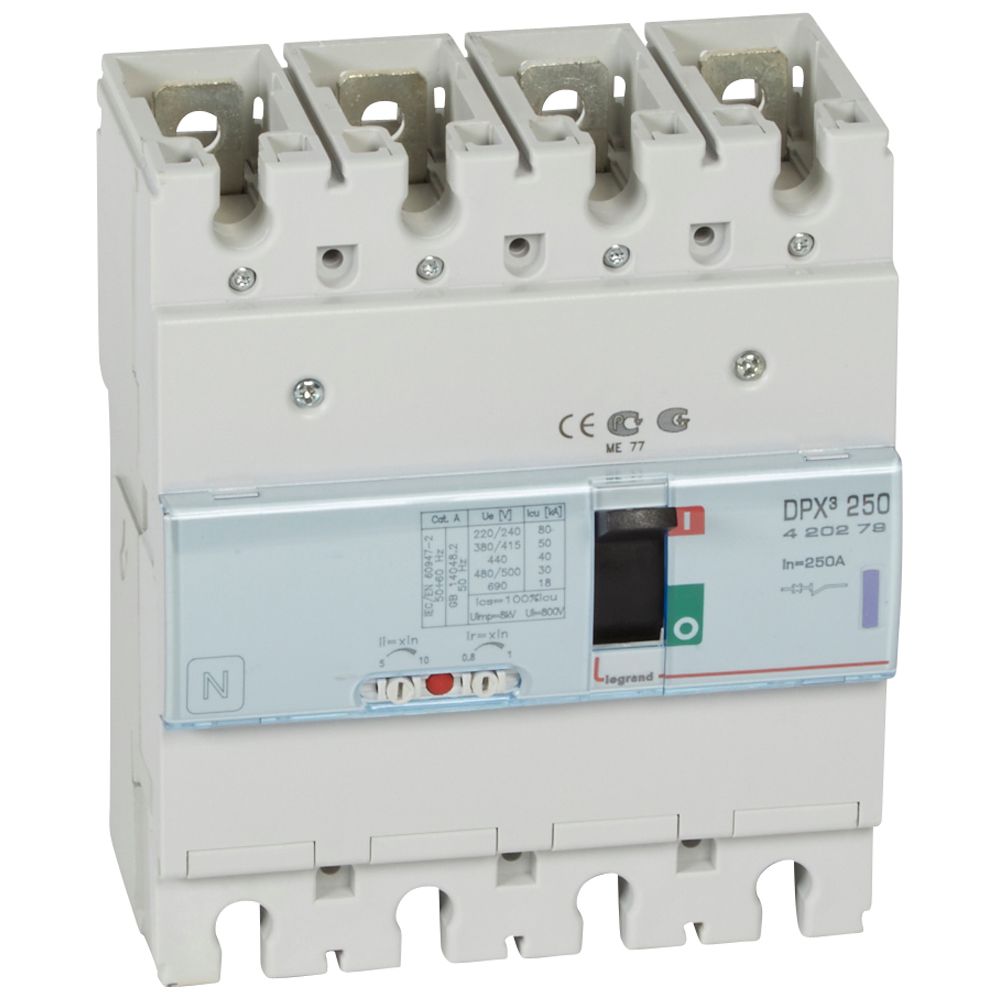 DPX3: kompakt prekidac 250A, 4P, F, FC, In=250A, Un=380/415V (Icu=50kA, Ics=100%Icu), termomagnetna zastitna jedinica (In=250A, Ir=0.8-1In, Im=5-10In)