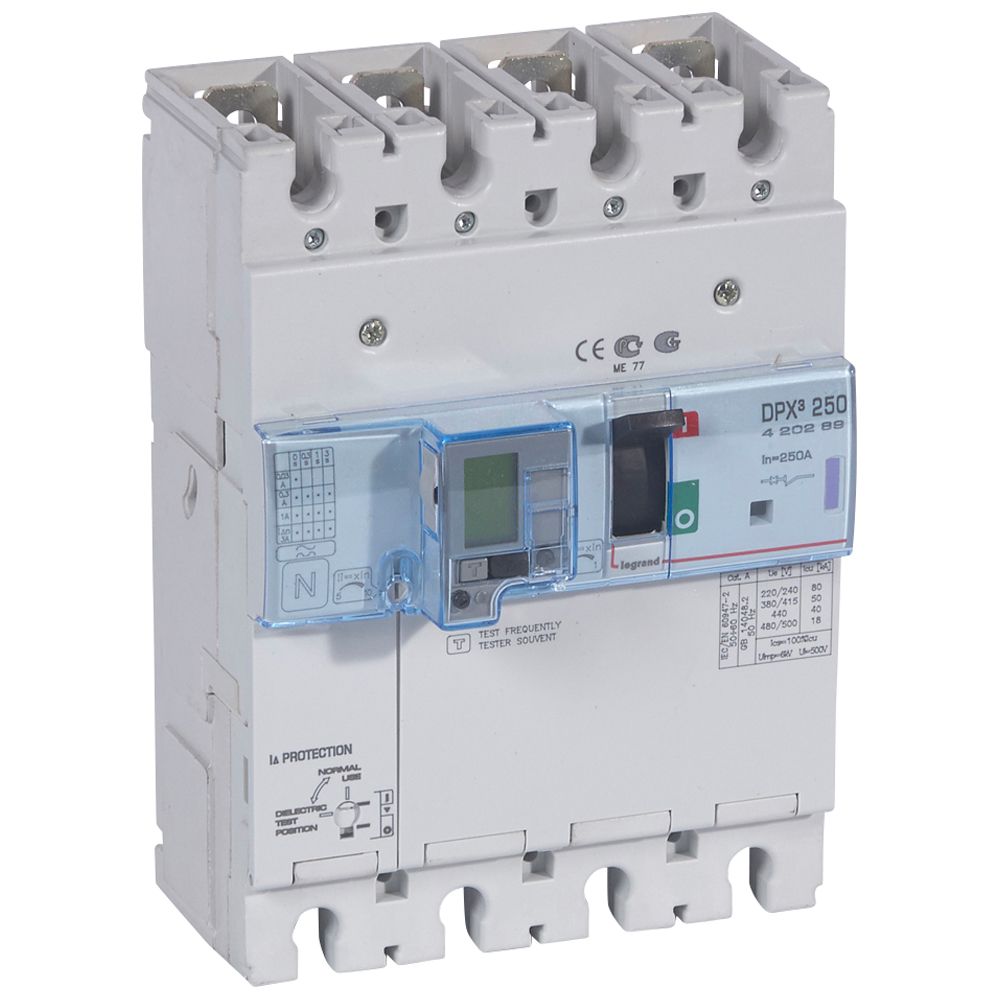 DPX3: kompakt prekidac 250A, 4P, F, FC, In=200A, Un=380/415V (Icu=50kA, Ics=100%Icu), termomagnetna zastitna jedinica (In=200A, Ir=0.8-1In, Im=5-10In), sa modulom diferencijalne zastite sa LCD (podešavanje osetljivosti: 0.03-0.3-1-3–3A, podešavanje vremena kašnjenja: 0-0.3-1-3s)