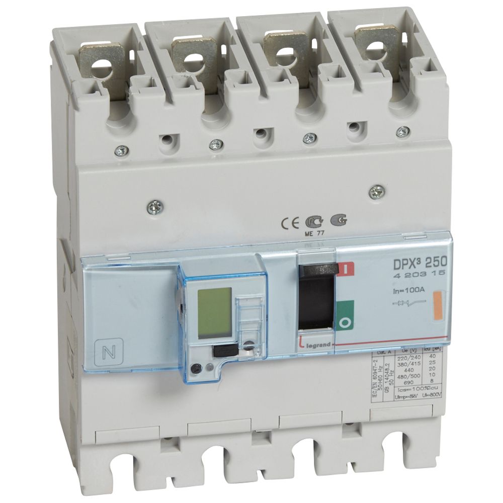 DPX3: kompakt prekidac 250A, 4P, F, FC, In=100A, Un=380/415V (Icu=25kA, Ics=100%Icu), elektronska zastitna jedinica (In=100A, Ir=0.4-1In, Isd=1.5...10In, Tr=3…15s, Tsd=0…0.5s, LCD )