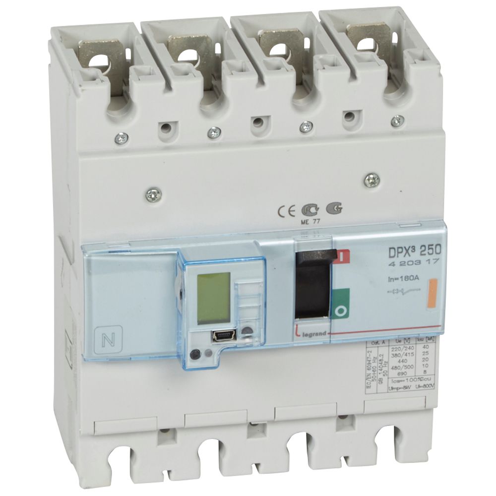 DPX3: kompakt prekidac 250A, 4P, F, FC, In=160A, Un=380/415V (Icu=25kA, Ics=100%Icu), elektronska zastitna jedinica (In=160A, Ir=0.4-1In, Isd=1.5...10In, Tr=3…15s, Tsd=0…0.5s, LCD )