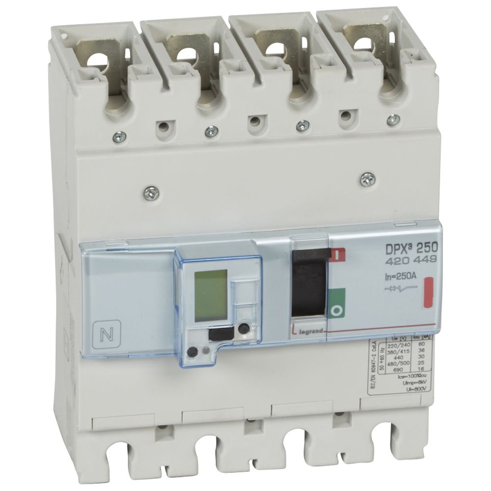 DPX3: kompakt prekidac 250A, 4P, F, FC, In=250A, Un=380/415V (Icu=36kA, Ics=100%Icu), elektronska zastitna jedinica (In=250A, Ir=0.4-1In, Isd=1.5...10In, Tr=3…15s, Tsd=0…0.5s, LCD), sa integrisanom centralnom mernom jedinicom (merenje I, U, F, Pn, En, THD)