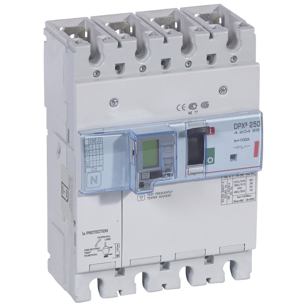 DPX3: kompakt prekidac 250A, 4P, F, FC, In=100A, Un=380/415V (Icu=36kA, Ics=100%Icu), elektronska zastitna jedinica (In=100A, Ir=0.4-1In, Isd=1.5...10In, Tr=3…15s, Tsd=0…0.5s, LCD), sa integrisanom centralnom mernom jedinicom (merenje I, U, F, Pn, En, THD) sa modulom diferencijalne zastite sa LCD (podešavanje osetljivosti: 0.03-0.3-1-3–3A, podešavanje vremena kašnjenja: 0-0.3-1-3s)