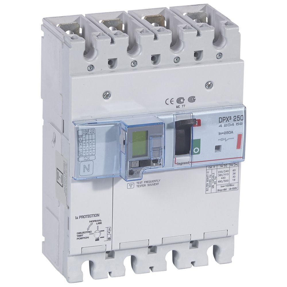 DPX3: kompakt prekidac 250A, 4P, F, FC, In=250A, Un=380/415V (Icu=36kA, Ics=100%Icu), elektronska zastitna jedinica (In=250A, Ir=0.4-1In, Isd=1.5...10In, Tr=3…15s, Tsd=0…0.5s, LCD), sa integrisanom centralnom mernom jedinicom (merenje I, U, F, Pn, En, THD) sa modulom diferencijalne zastite sa LCD (podešavanje osetljivosti: 0.03-0.3-1-3–3A, podešavanje vremena kašnjenja: 0-0.3-1-3s)