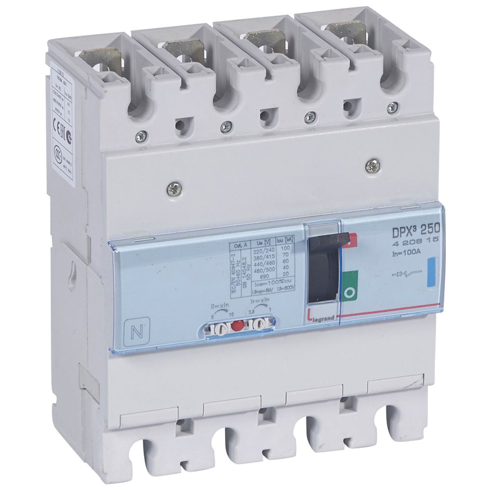 DPX3: kompakt prekidac 250A, 4P, F, FC, In=100A, Un=380/415V (Icu=70kA, Ics=100%Icu), termomagnetna zastitna jedinica (In=100A, Ir=0.8-1In, Im=5-10In)