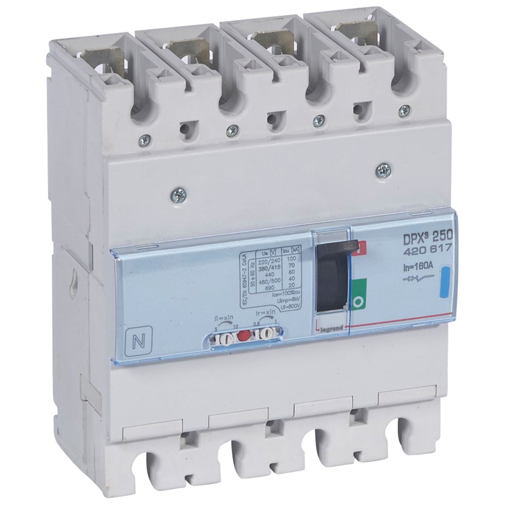 DPX3: kompakt prekidac 250A, 4P, F, FC, In=160A, Un=380/415V (Icu=70kA, Ics=100%Icu), termomagnetna zastitna jedinica (In=160A, Ir=0.8-1In, Im=5-10In)