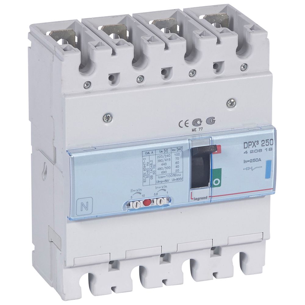 DPX3: kompakt prekidac 250A, 4P, F, FC, In=250A, Un=380/415V (Icu=70kA, Ics=100%Icu), termomagnetna zastitna jedinica (In=250A, Ir=0.8-1In, Im=5-10In)