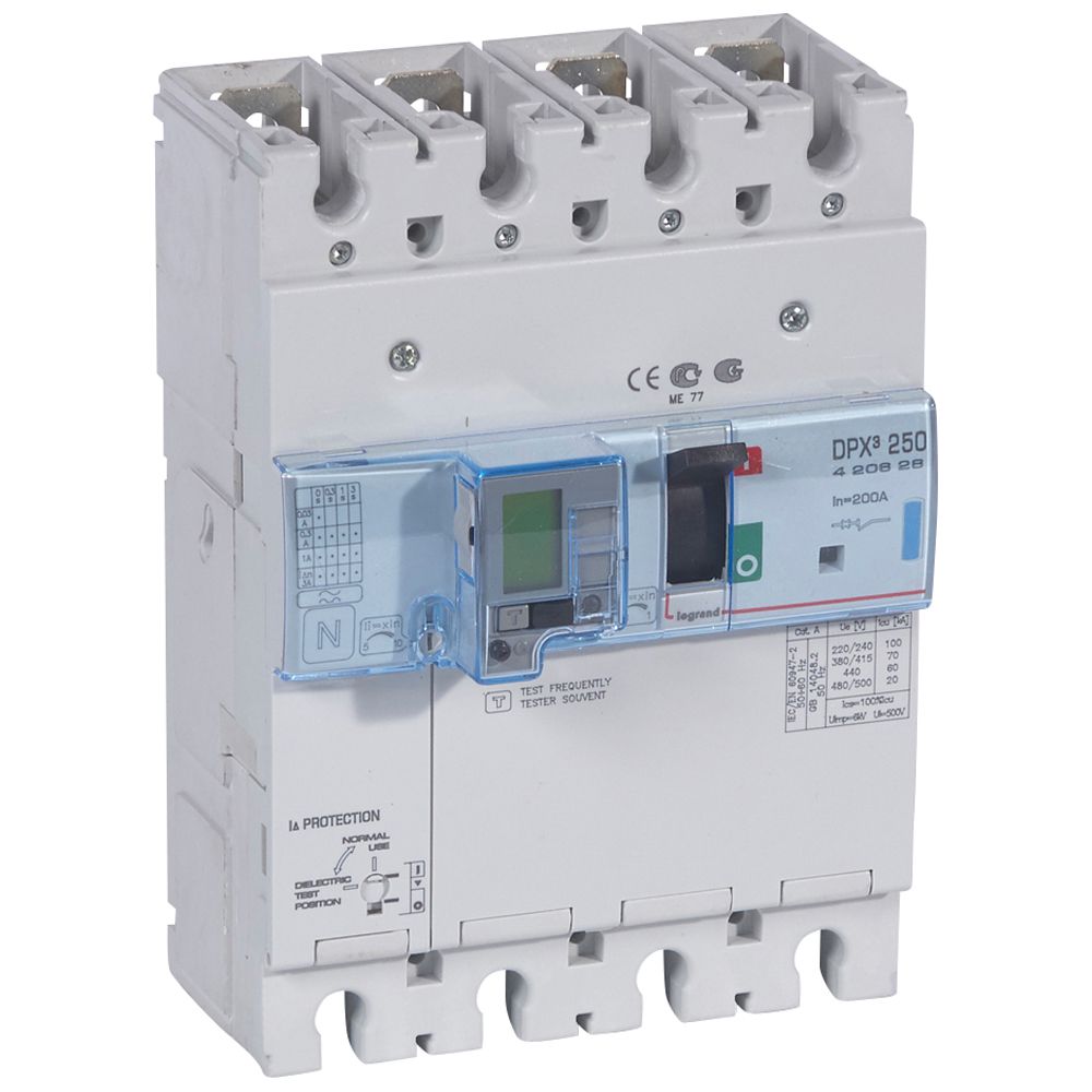 DPX3: kompakt prekidac 250A, 4P, F, FC, In=200A, Un=380/415V (Icu=70kA, Ics=100%Icu), termomagnetna zastitna jedinica (In=200A, Ir=0.8-1In, Im=5-10In), sa modulom diferencijalne zastite sa LCD (podešavanje osetljivosti: 0.03-0.3-1-3–3A, podešavanje vremena kašnjenja: 0-0.3-1-3s)