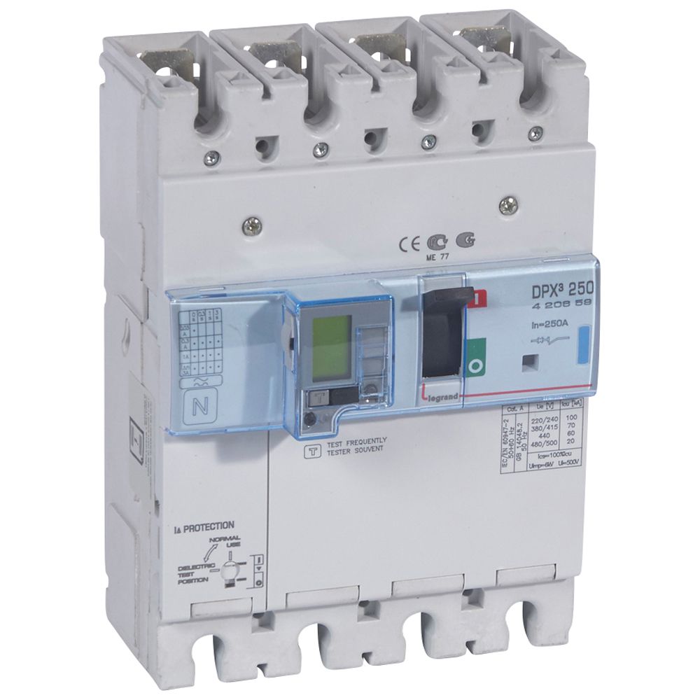 DPX3: kompakt prekidac 250A, 4P, F, FC, In=250A, Un=380/415V (Icu=70kA, Ics=100%Icu), elektronska zastitna jedinica (In=250A, Ir=0.4-1In, Isd=1.5...10In, Tr=3…15s, Tsd=0…0.5s, LCD), sa modulom diferencijalne zastite sa LCD (podešavanje osetljivosti: 0.03-0.3-1-3–3A, podešavanje vremena kašnjenja: 0-0.3-1-3s)