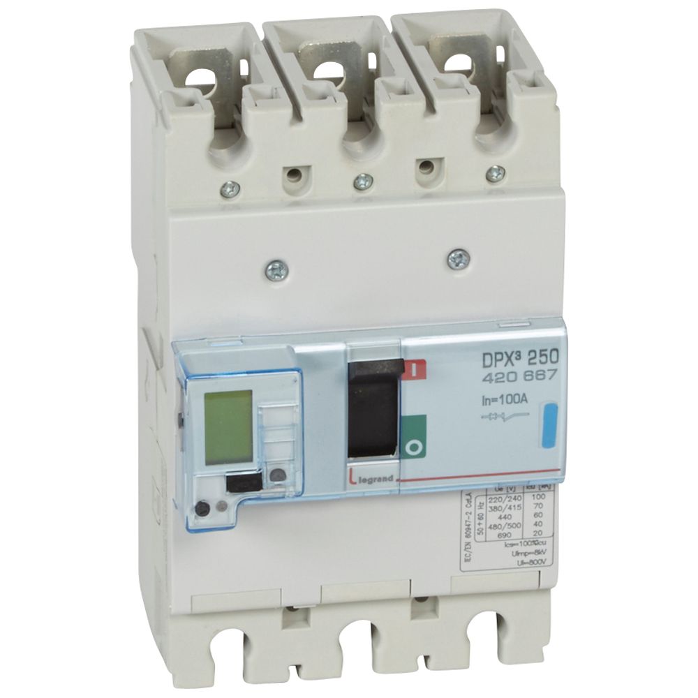 DPX3: kompakt prekidac 250A, 3P, F, FC, In=100A, Un=380/415V (Icu=70kA, Ics=100%Icu), elektronska zastitna jedinica (In=100A, Ir=0.4-1In, Isd=1.5...10In, Tr=3…15s, Tsd=0…0.5s, LCD), sa integrisanom centralnom mernom jedinicom (merenje I, U, F, Pn, En, THD)