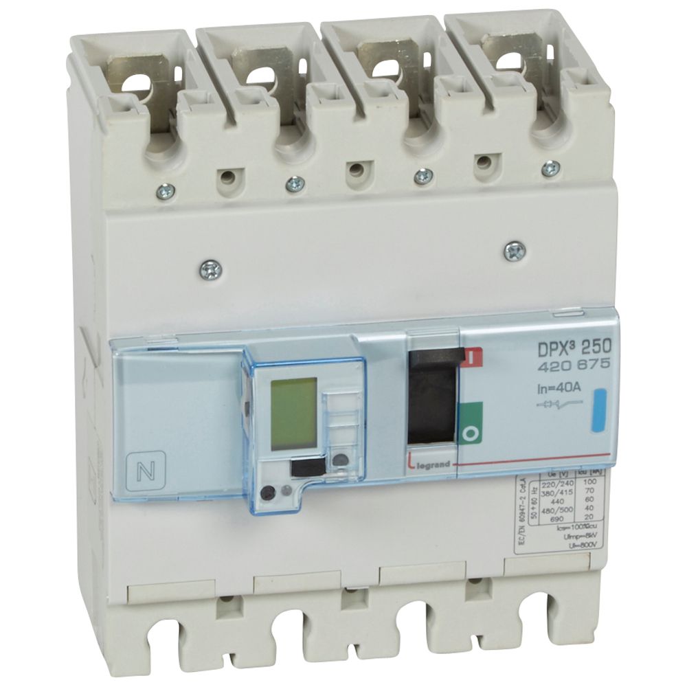 DPX3: kompakt prekidac 250A, 4P, F, FC, In=40A, Un=380/415V (Icu=70kA, Ics=100%Icu), elektronska zastitna jedinica (In=40A, Ir=0.4-1In, Isd=1.5...10In, Tr=3…15s, Tsd=0…0.5s, LCD), sa integrisanom centralnom mernom jedinicom (merenje I, U, F, Pn, En, THD)