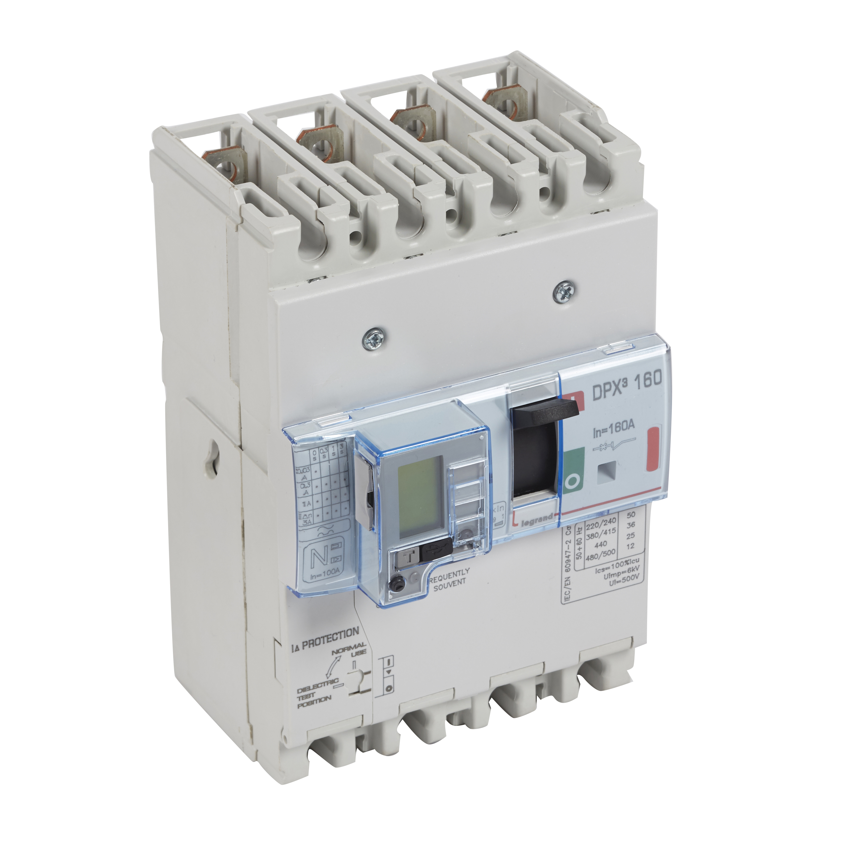 DPX3: kompakt prekidac 160A, 3P+N, F, FC, In=125A, Un=380/415V (Icu=16kA, Ics=100%Icu), termomagnetna zastitna jedinica (In=125A, Ir=0.8-1In, Im=10In), sa modulom diferencijalne zastite