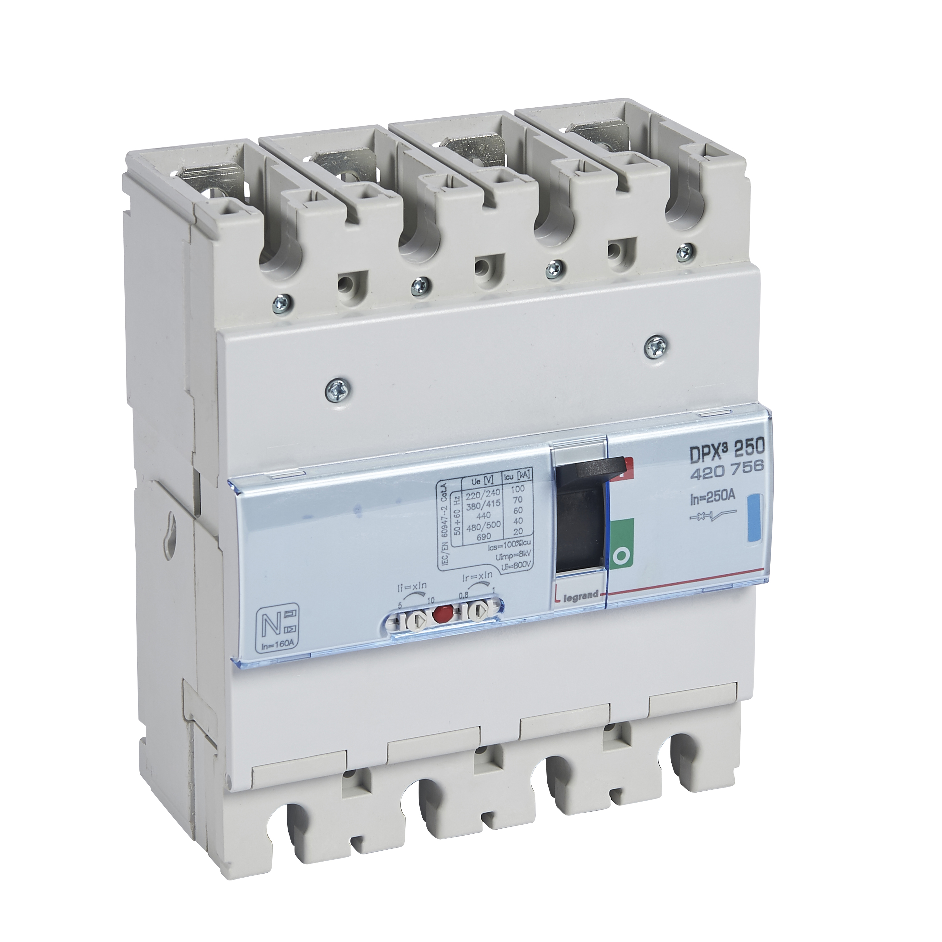 DPX3: kompakt prekidac 250A, 3P+N, F, FC, In=250A, Un=380/415V (Icu=70kA, Ics=100%Icu), termomagnetna zastitna jedinica (In=250A, Ir=0.8-1In, Im=10In)