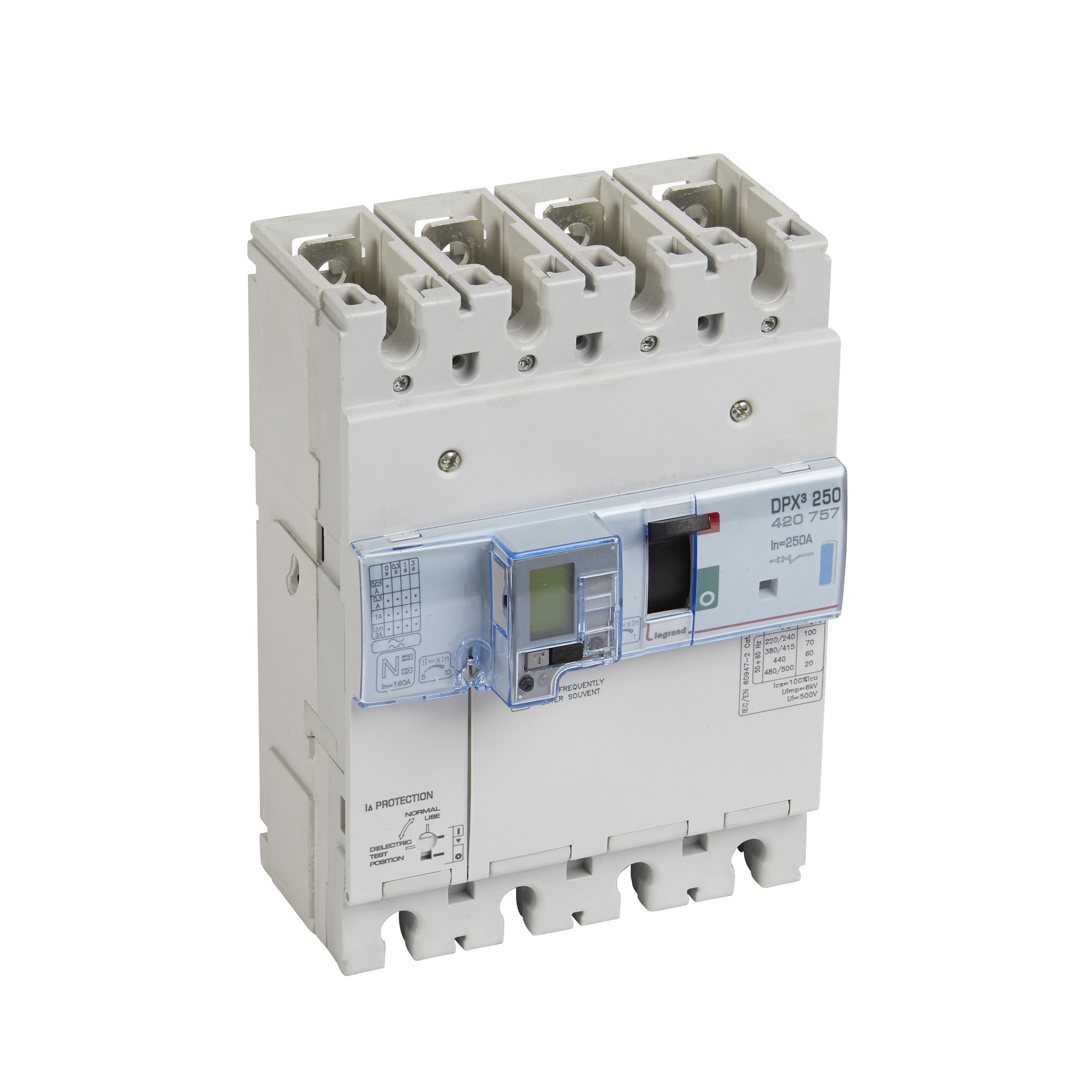 DPX3: kompakt prekidac 250A, 3P+N, F, FC, In=250A, Un=380/415V (Icu=70kA, Ics=100%Icu), termomagnetna zastitna jedinica (In=250A, Ir=0.8-1In, Im=10In), sa modulom diferencijalne zastite