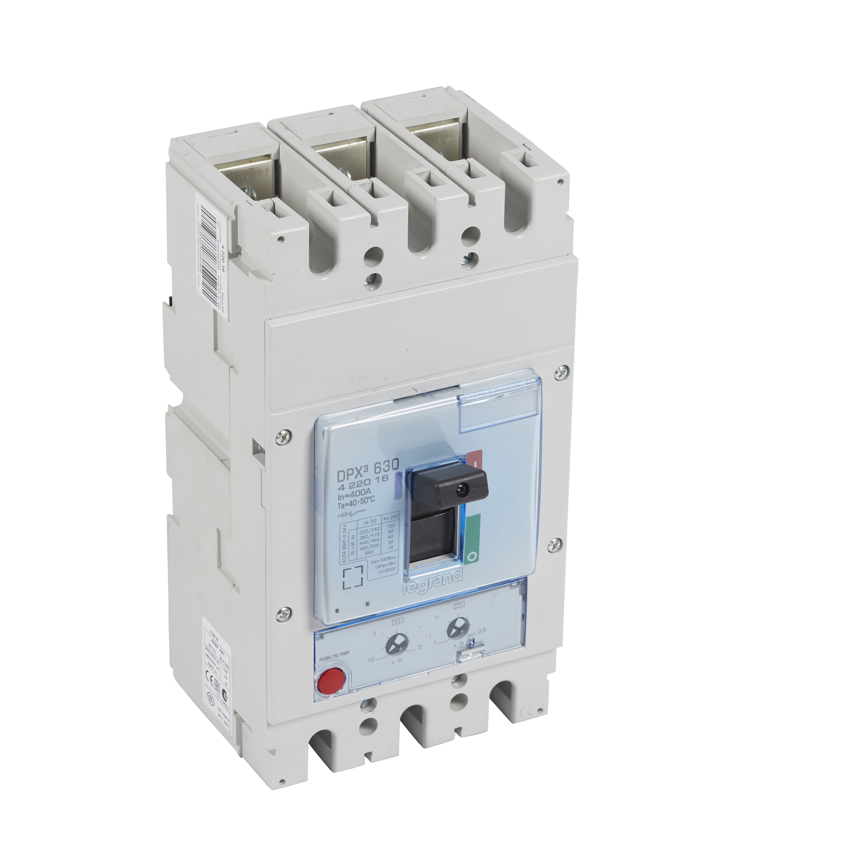 DPX3: kompakt prekidac 630A, 3P, F, FC, In=400A, Un=380/415V (Icu=50kA, Ics=100%Icu), termomagnetna zastitna jedinica (In=400A, Ir=0.8-1In, Im=5...10In)