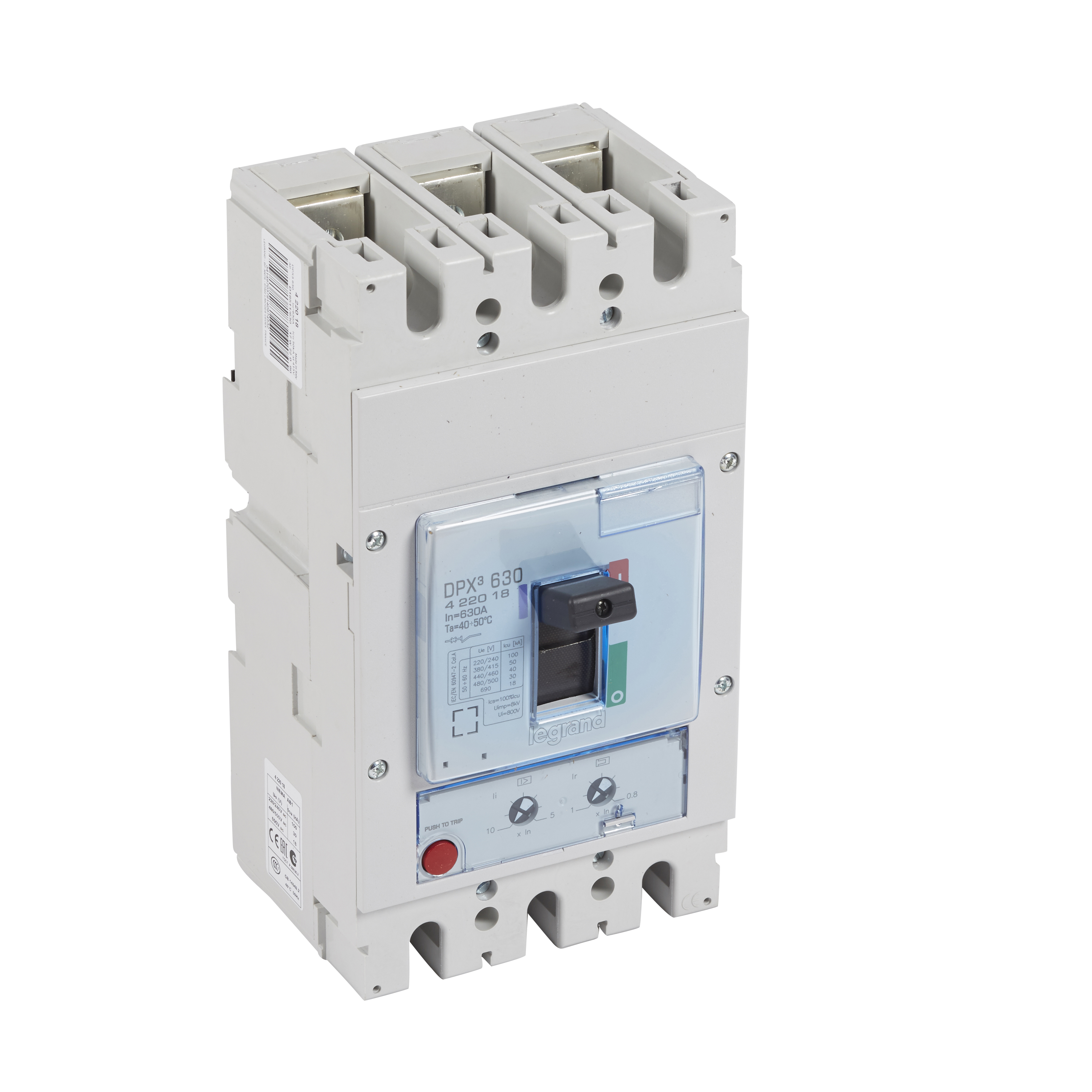 DPX3: kompakt prekidac 630A, 3P, F, FC, In=630A, Un=380/415V (Icu=50kA, Ics=100%Icu), termomagnetna zastitna jedinica (In=630A, Ir=0.8-1In, Im=5...10In)