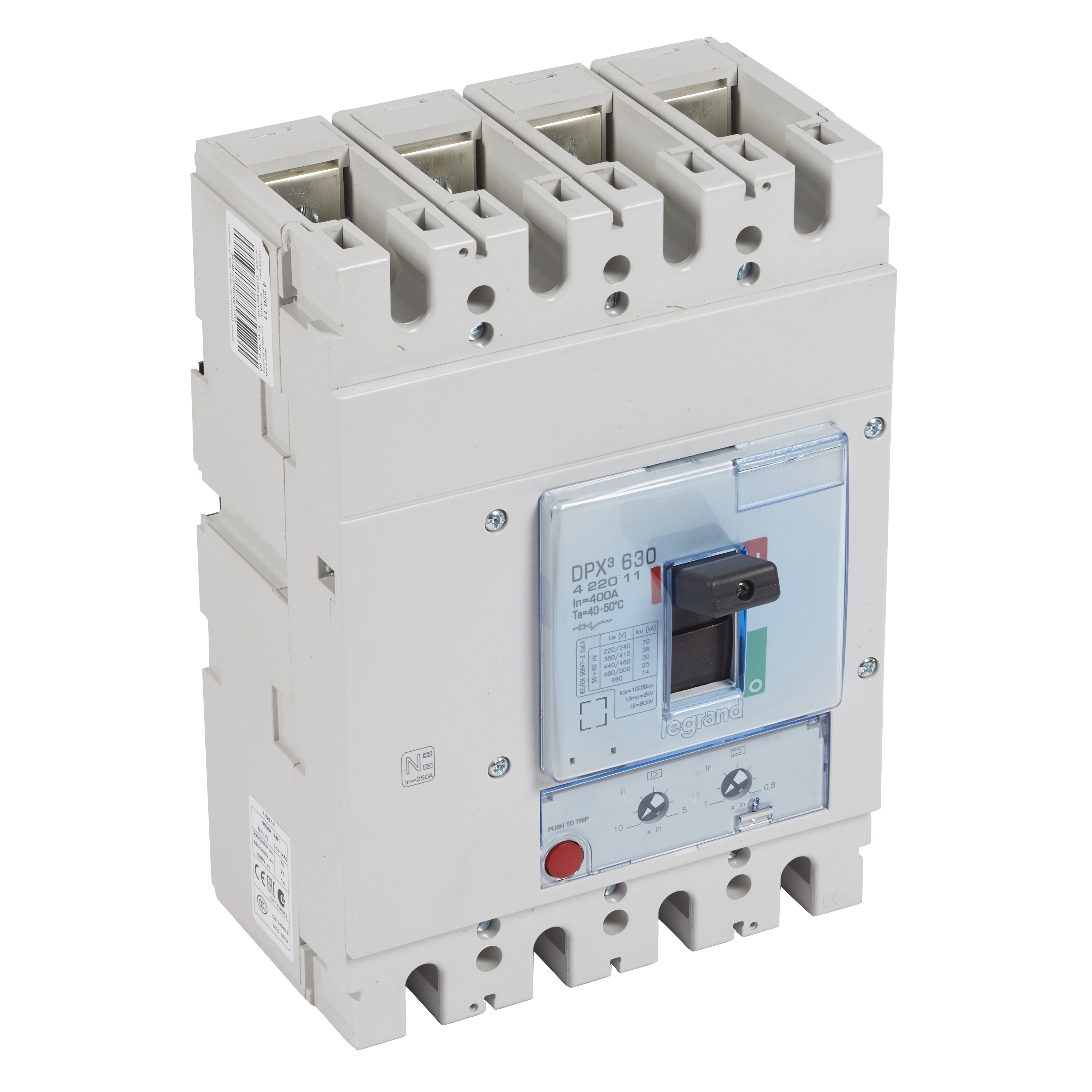 DPX3: kompakt prekidac 630A, 4P, F, FC, In=250A, Un=380/415V (Icu=100kA, Ics=100%Icu), termomagnetna zastitna jedinica (In=250A, Ir=0.8-1In, Im=5...10In)