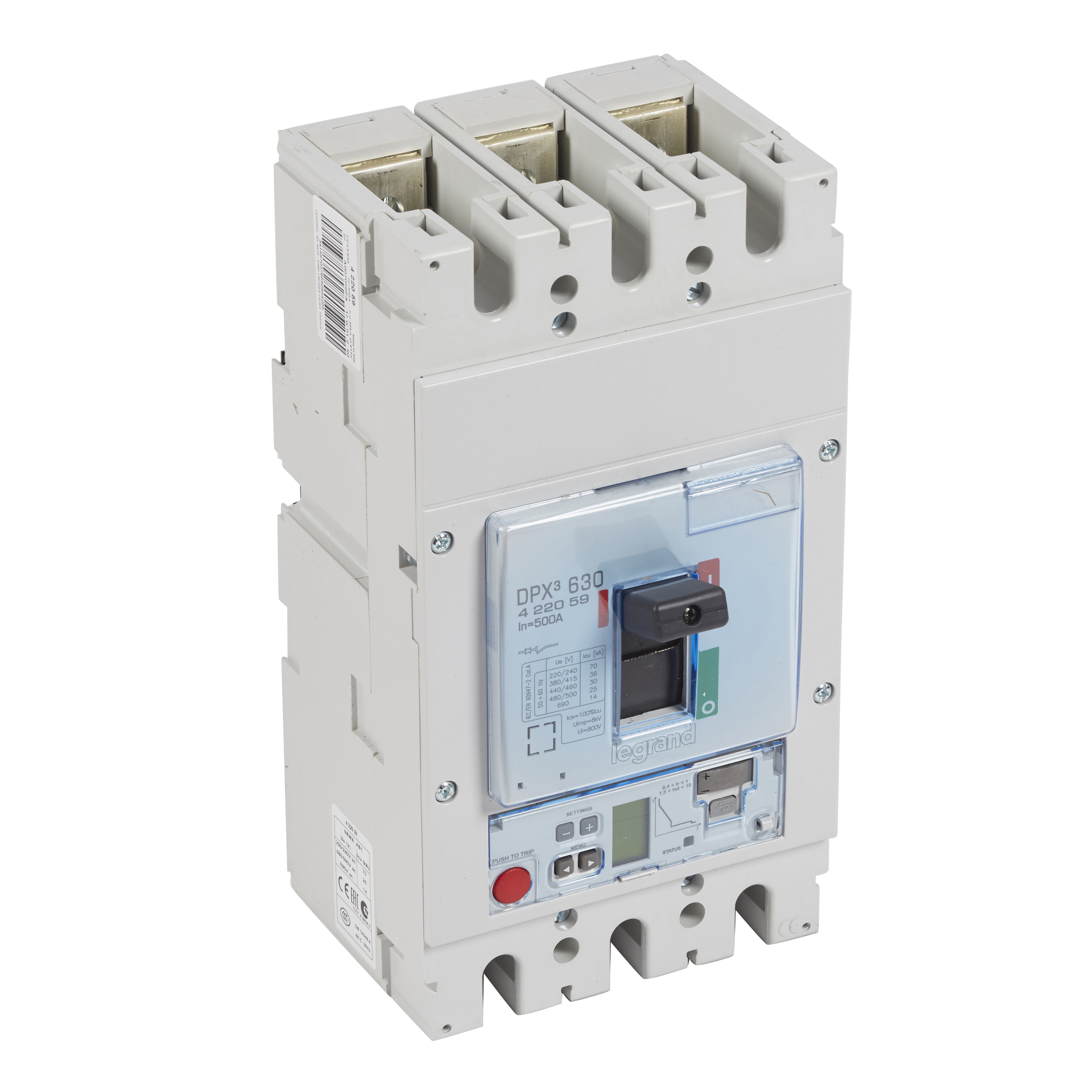 DPX3: kompakt prekidac 630A, 3P, F, FC, In=500A, Un=380/415V (Icu=36kA, Ics=100%Icu), elektronska zastitna jedinica tip S2 (In=500A, Ir=0.4-1In, Isd=1.5...10In, Tr=3…15s, Tsd=0…0.5s, LCD)