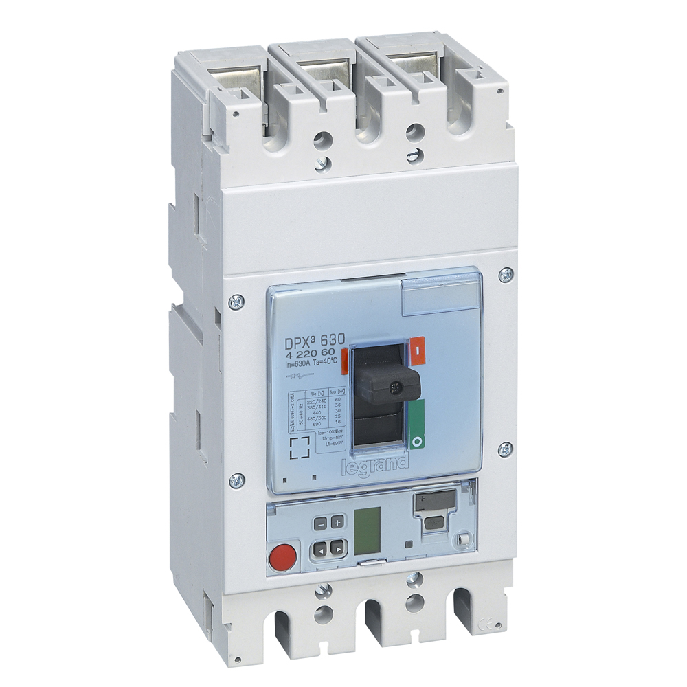 DPX3: kompakt prekidac 630A, 3P, F, FC, In=630A, Un=380/415V (Icu=36kA, Ics=100%Icu), elektronska zastitna jedinica tip S2 (In=630A, Ir=0.4-1In, Isd=1.5...10In, Tr=3…15s, Tsd=0…0.5s, LCD)