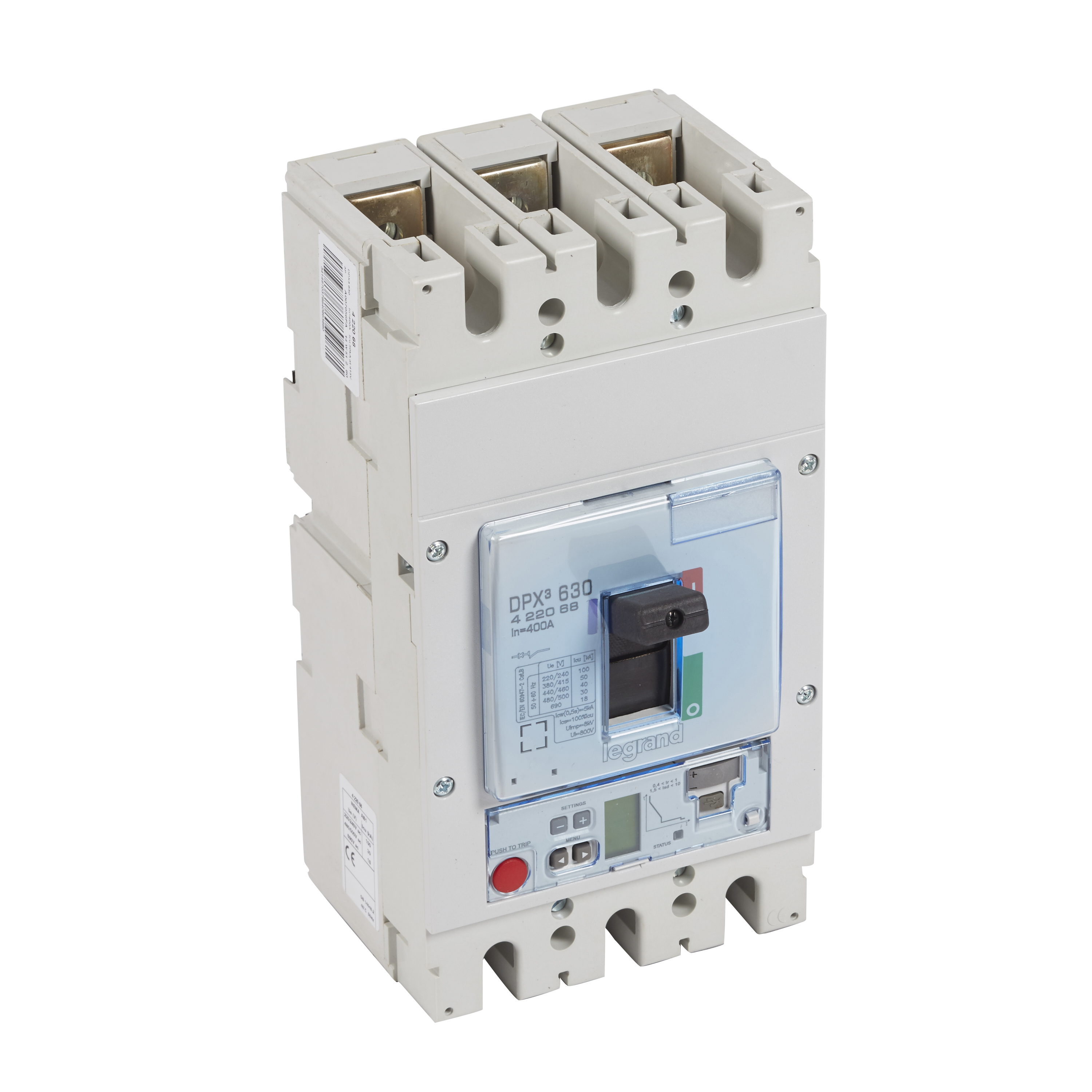 DPX3: kompakt prekidac 630A, 3P, F, FC, In=400A, Un=380/415V (Icu=50kA, Ics=100%Icu), elektronska zastitna jedinica tip S2 (In=400A, Ir=0.4-1In, Isd=1.5...10In, Tr=3…15s, Tsd=0…0.5s, LCD)