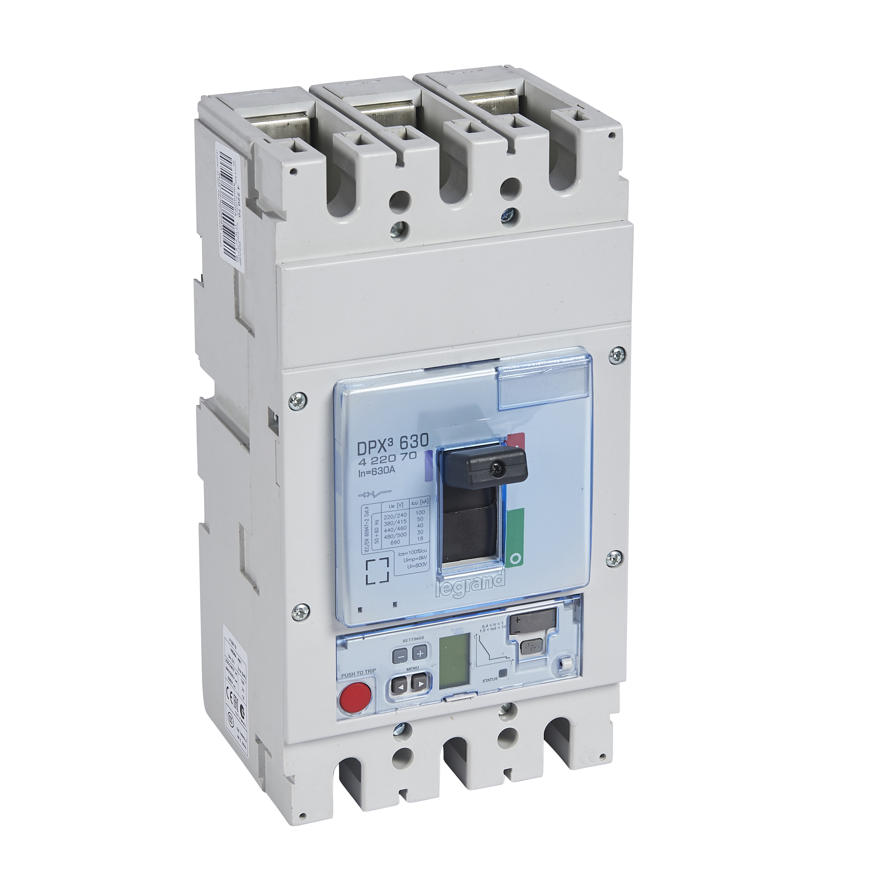 DPX3: kompakt prekidac 630A, 3P, F, FC, In=630A, Un=380/415V (Icu=50kA, Ics=100%Icu), elektronska zastitna jedinica tip S2 (In=630A, Ir=0.4-1In, Isd=1.5...10In, Tr=3…15s, Tsd=0…0.5s, LCD)