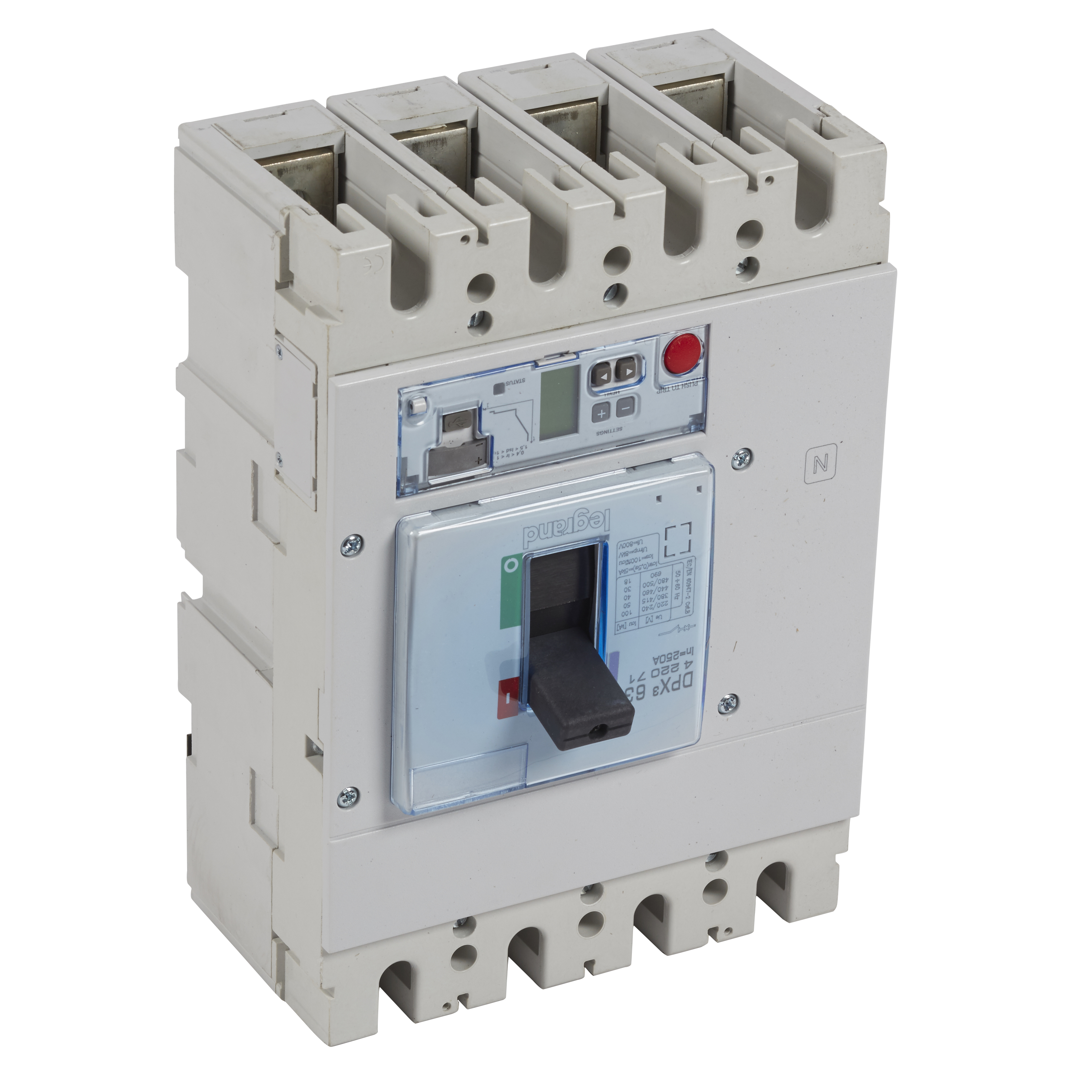 DPX3: kompakt prekidac 630A, 4P, F, FC, In=250A, Un=380/415V (Icu=50kA, Ics=100%Icu), elektronska zastitna jedinica tip S2 (In=320A, Ir=0.4-1In, Isd=1.5...10In, Tr=3…15s, Tsd=0…0.5s, LCD)