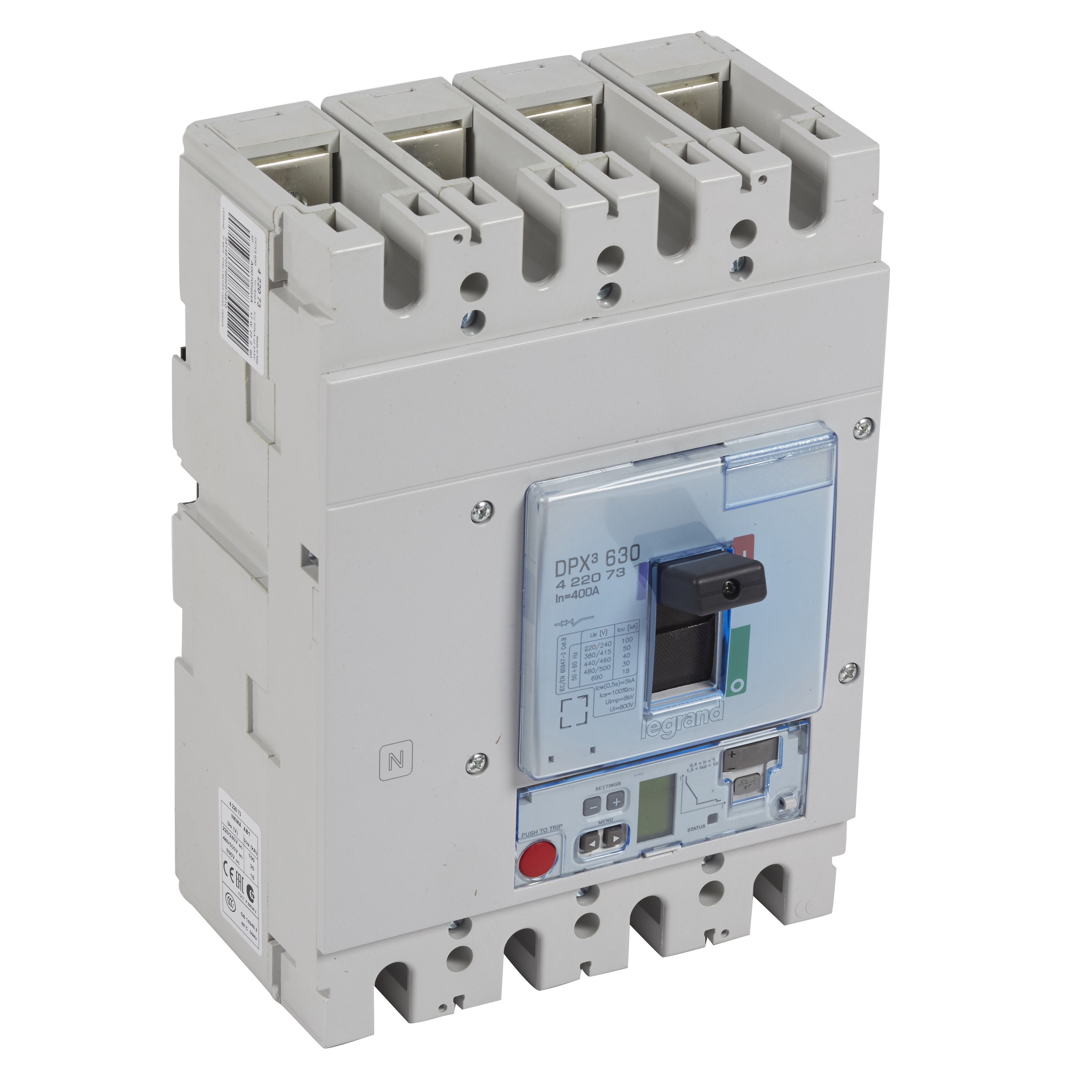 DPX3: kompakt prekidac 630A, 4P, F, FC, In=400A, Un=380/415V (Icu=50kA, Ics=100%Icu), elektronska zastitna jedinica tip S2 (In=400A, Ir=0.4-1In, Isd=1.5...10In, Tr=3…15s, Tsd=0…0.5s, LCD)