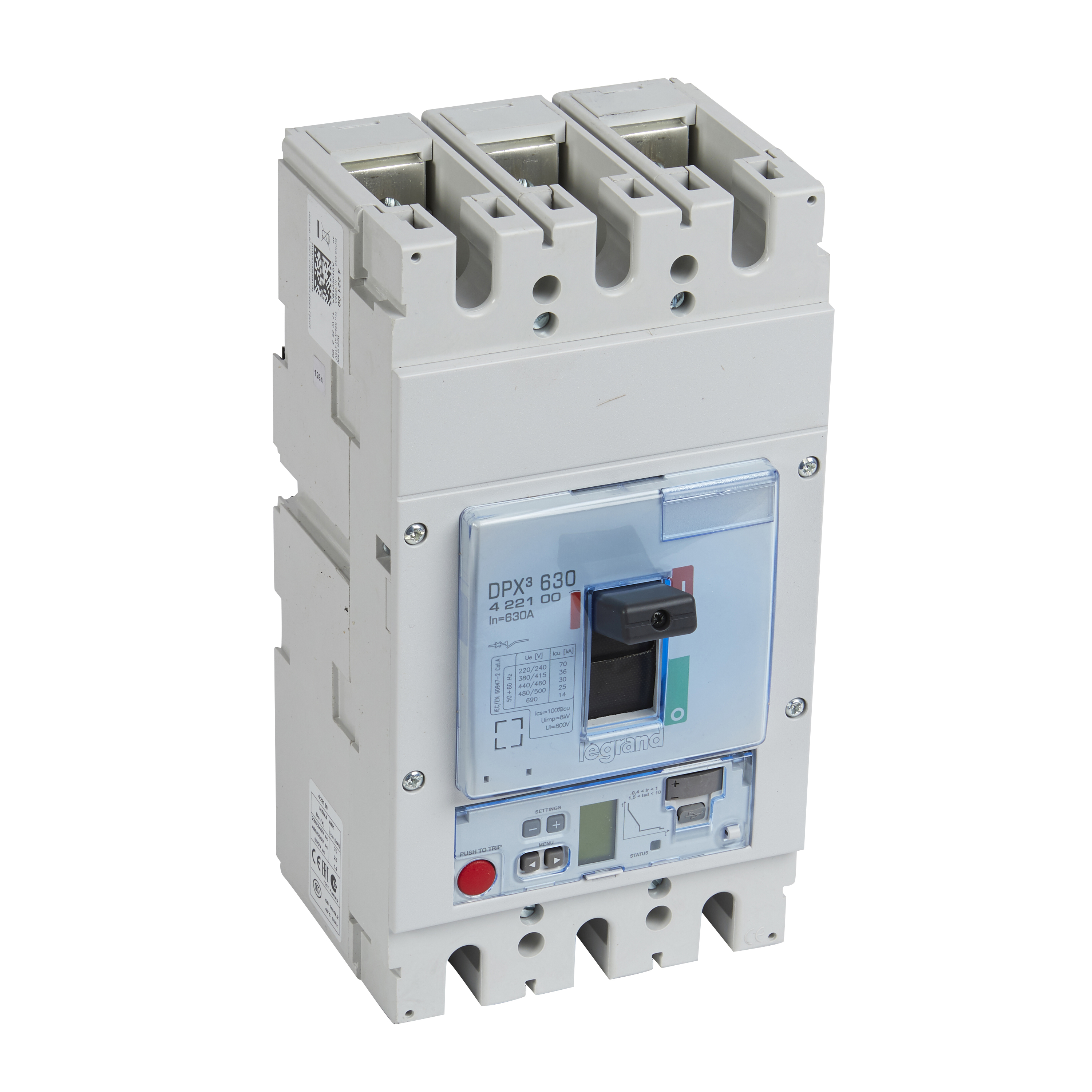 DPX3: kompakt prekidac 630A, 3P, F, FC, In=630A, Un=380/415V (Icu=36kA, Ics=100%Icu), elektronska zastitna jedinica tip S2 (In=630A, Ir=0.4-1In, Isd=1.5...10In, Tr=3…15s, Tsd=0…0.5s, LCD, sa merenjima)