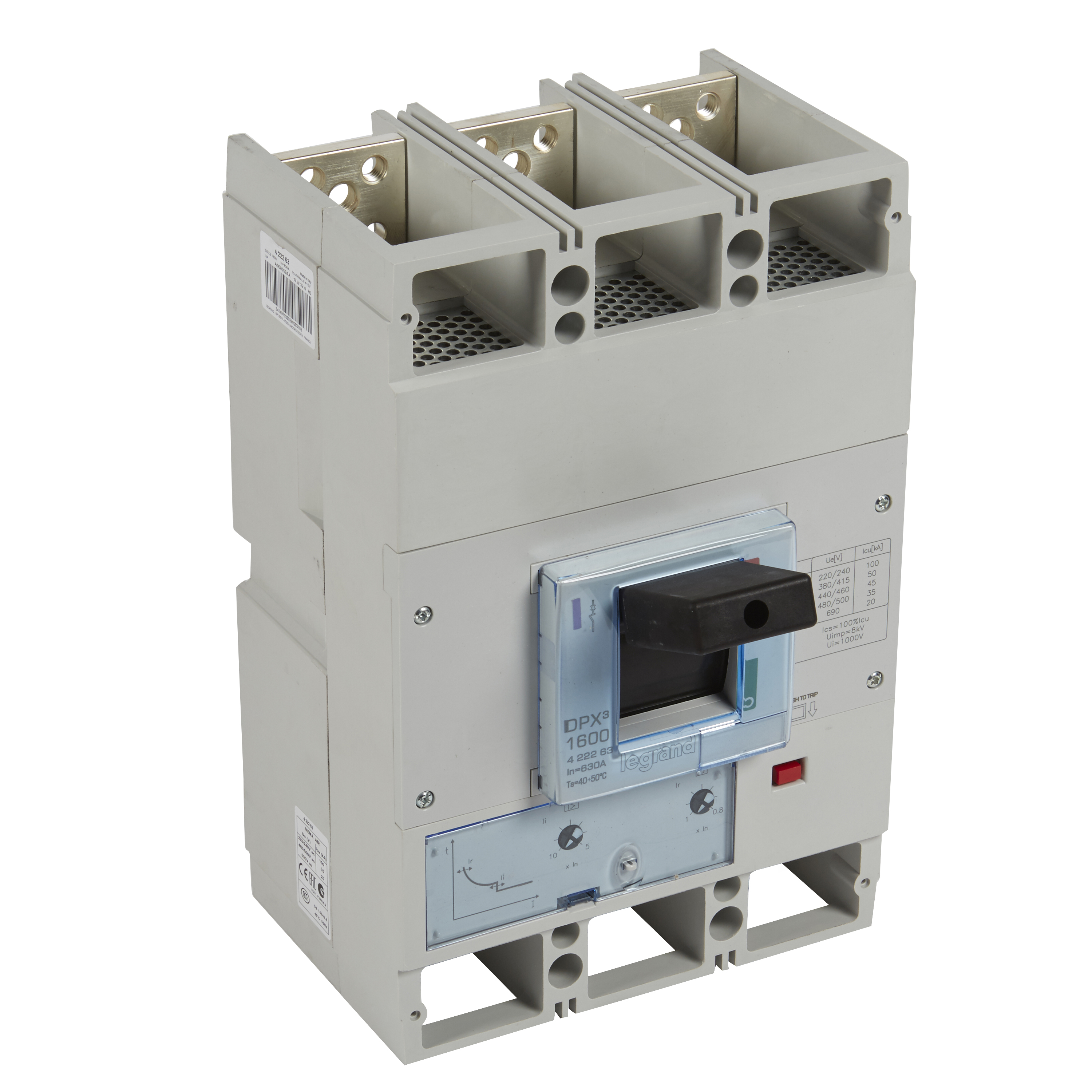 DPX3 1600: kompakt prekidac, 3P, F, FC, In=630A, Un=380/415V (Icu=50kA, Ics=100%Icu), termomagnetna zastitna jedinica (In=630A, Ir=0.8-1In, Ii=5...10In)