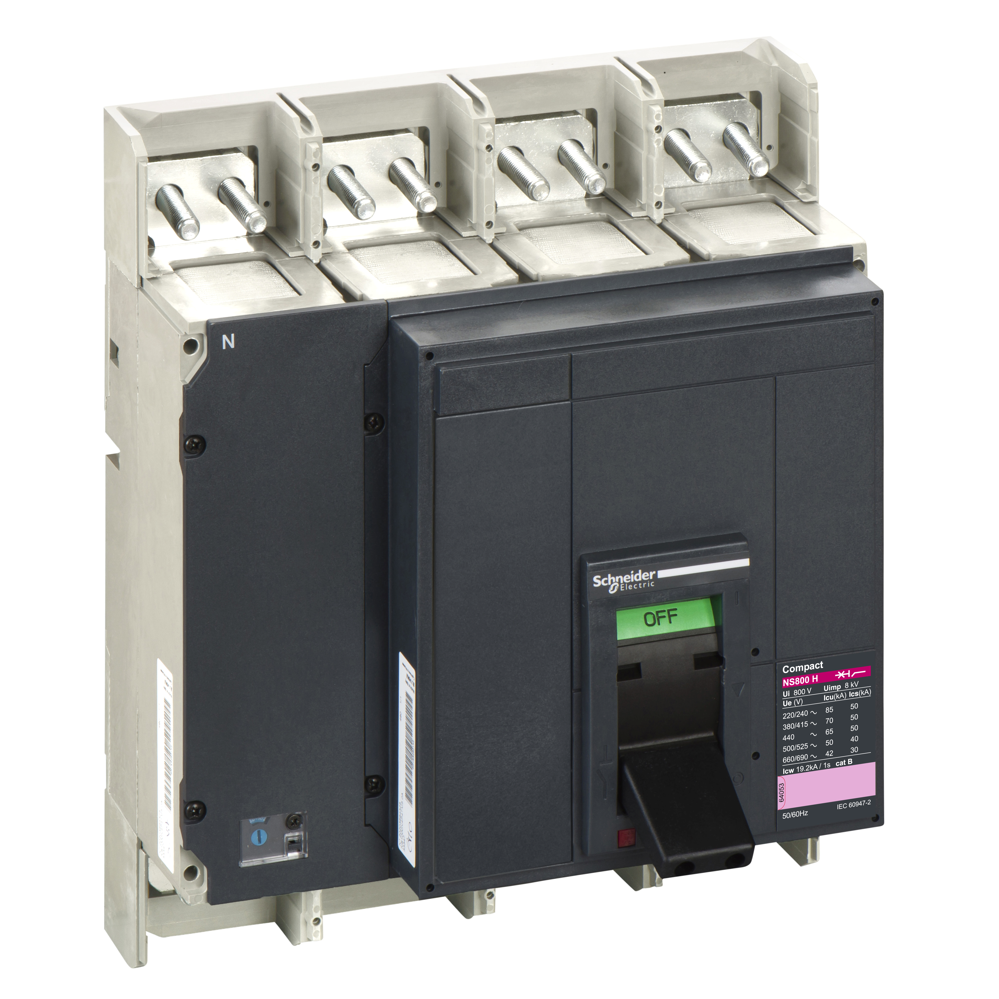 Telo prekidaca Compact NS800-N, 4P, DO, In=800A, Un=220/415V AC (Icu=50kA, Ics=75%Icu), sa motornim pogonom