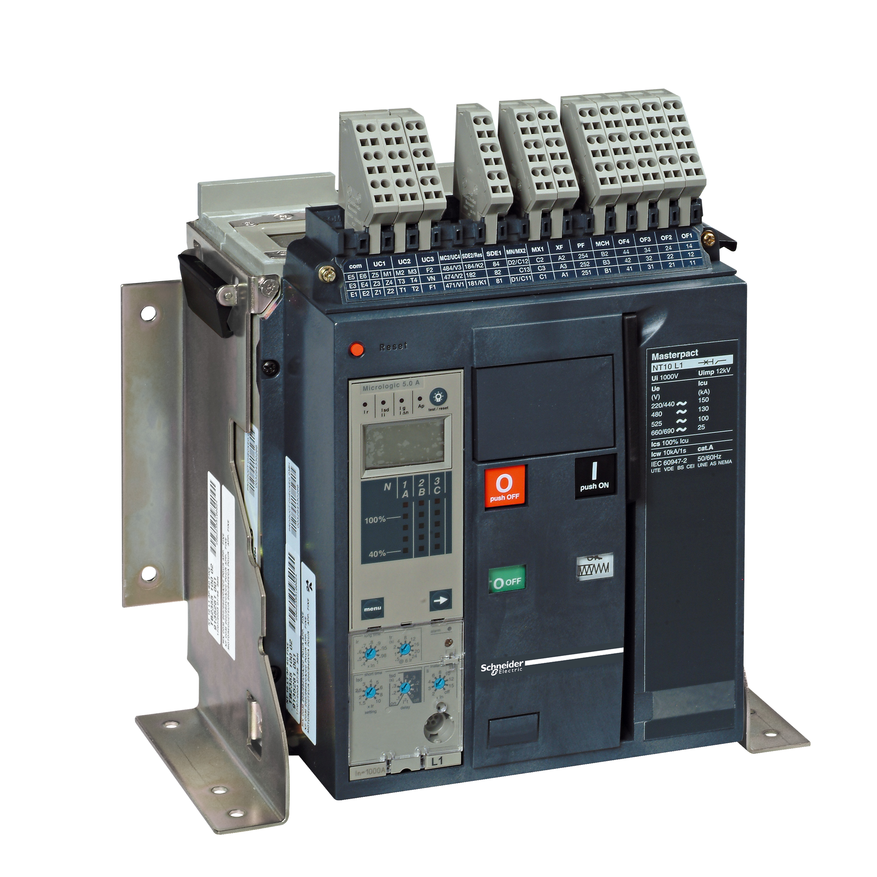 Telo prekidaca MASTERPACT NT06-H1, 3P, F, In=630A, Un=220/415V AC (Icu=42kA, Ics=100%Icu), 4 preklopna kontakta signala stanja (OF) i 1 preklopni kontakt signal greske (SDE)
