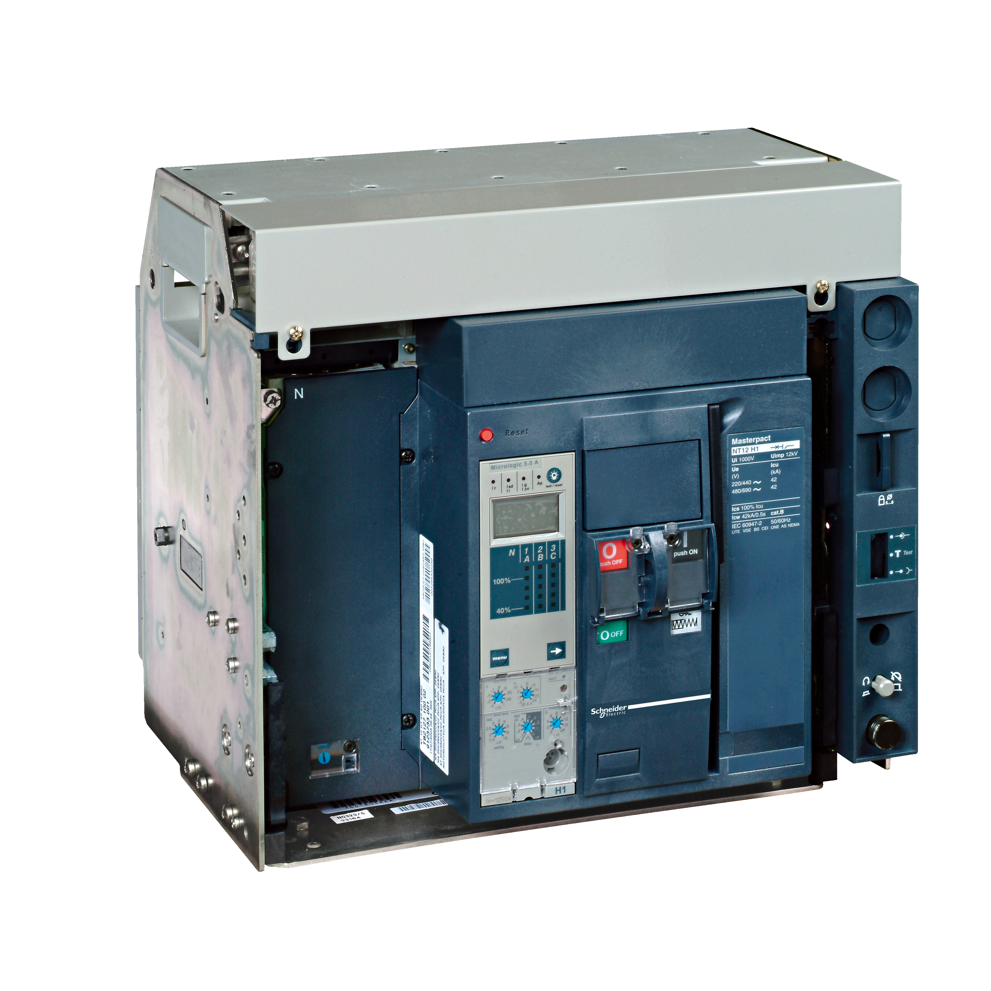 Telo prekidaca MASTERPACT NT08-H2, 4P, DO, In=800A, Un=220/415V AC (Icu=50kA, Ics=100%Icu), 4 preklopna kontakta signala stanja (OF) i 1 preklopni kontakt signal greske (SDE) i poklopcem komora za gasenje luka