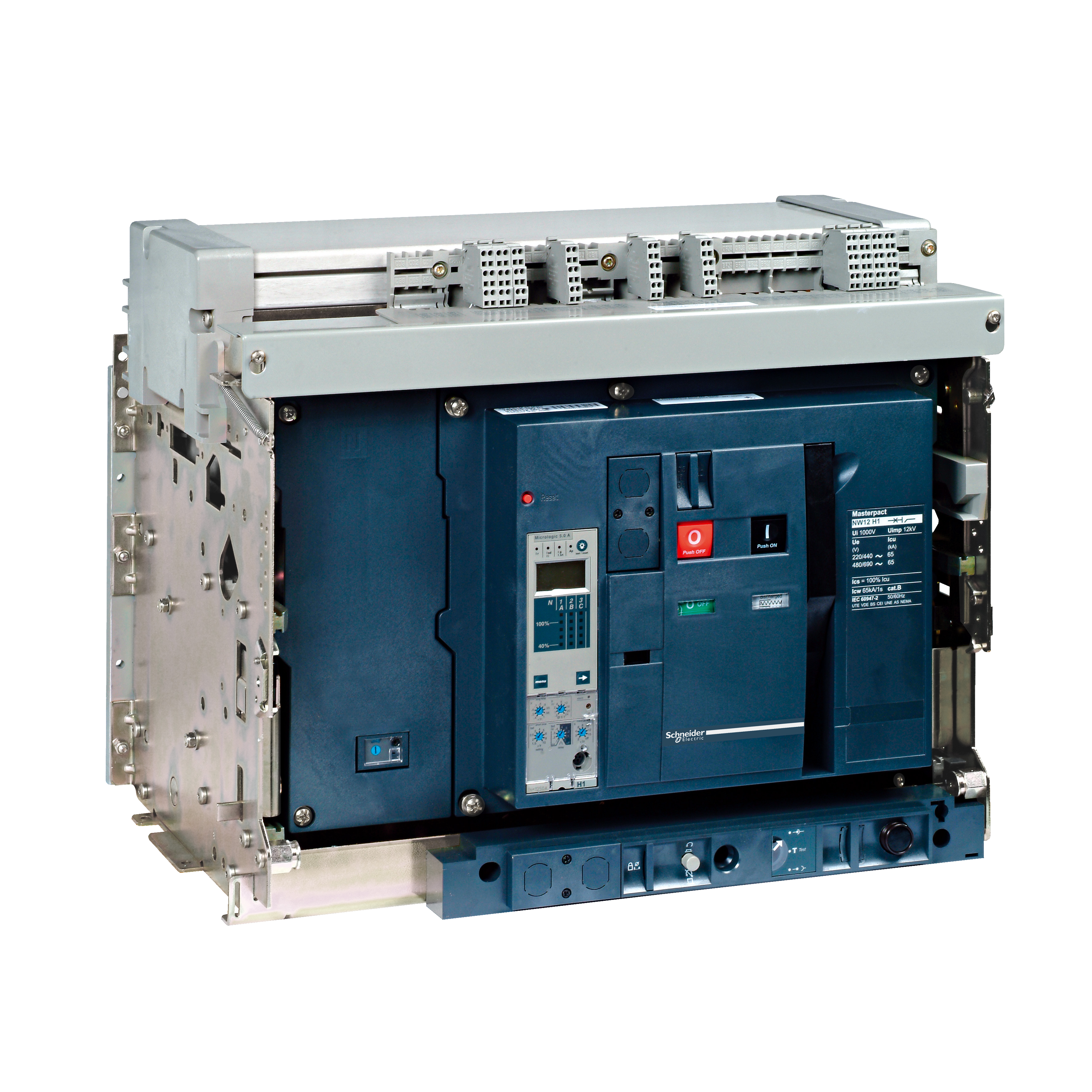Telo prekidaca MASTERPACT NW12-H2, 4P, F, In=1250A, Un=220/415V AC (Icu=100kA, Ics=100%Icu), 4 preklopna kontakta signala stanja (OF), 1 preklopni kontakt signal greske (SDE)