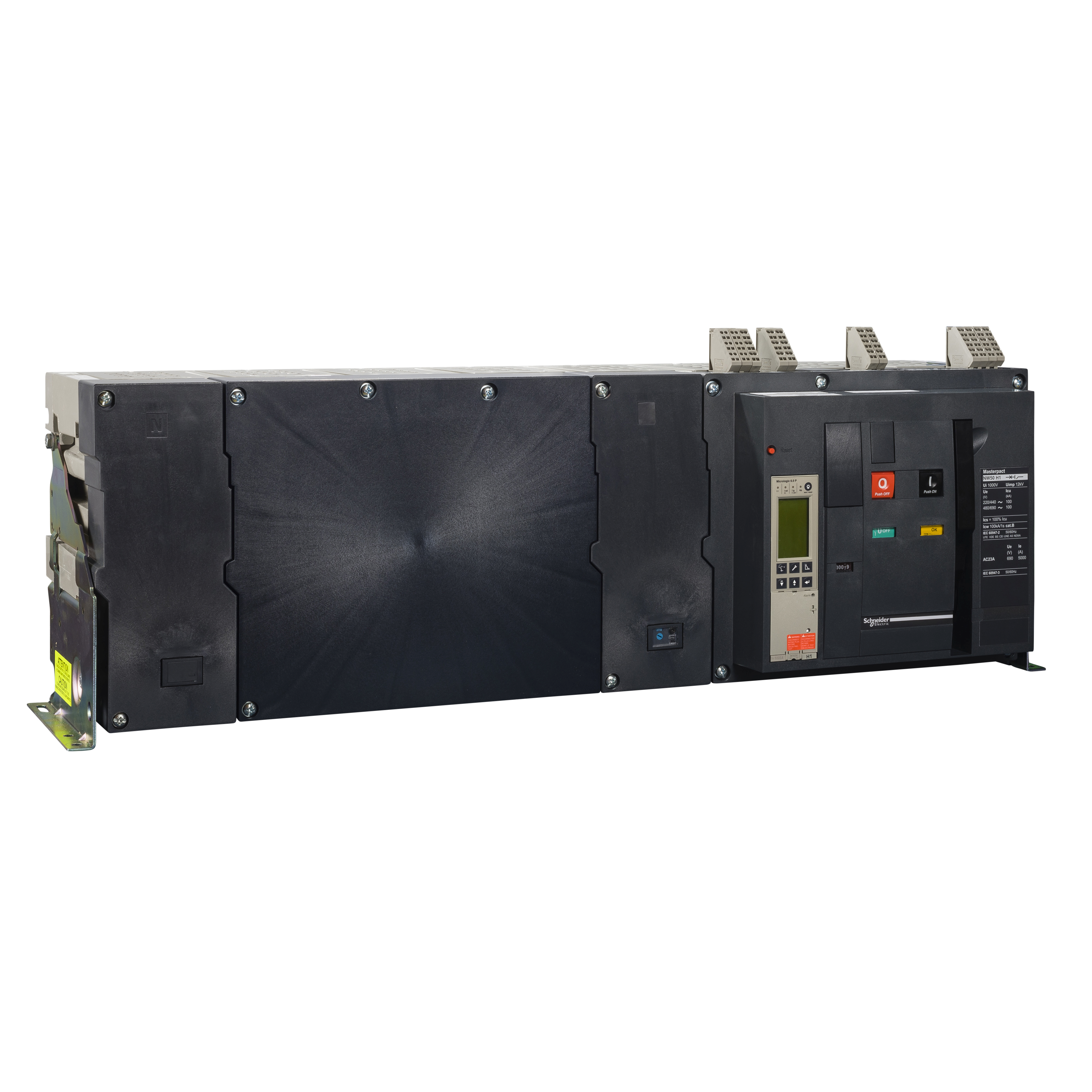 Telo prekidaca MASTERPACT NW50-H1, 4P, F, In=5000A, Un=220/415V AC (Icu=100kA, Ics=100%Icu), 4 preklopna kontakta signala stanja (OF), 1 preklopni kontakt signal greske (SDE) i poklopac komora za gasenje luka