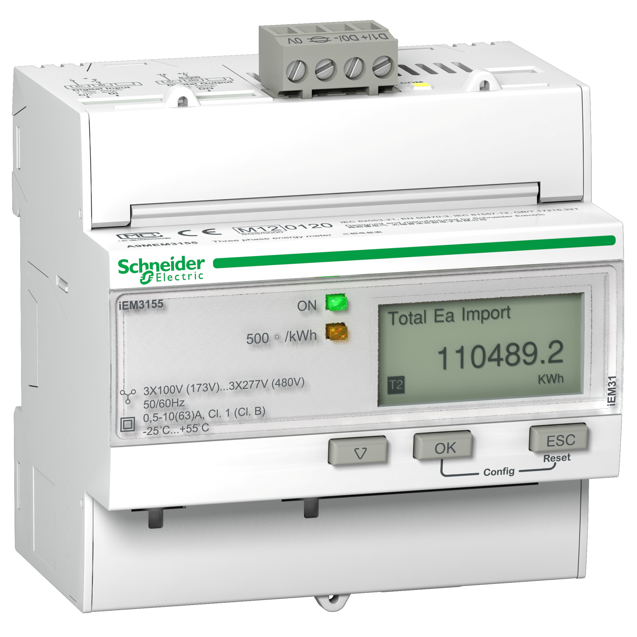 iEM3155: digitalno brojilo (kWh, kVArh, kW, kVAr, I, U), modularno, direktno do 63A, 4 tarife, Modbus RS485, 1DI/1DO