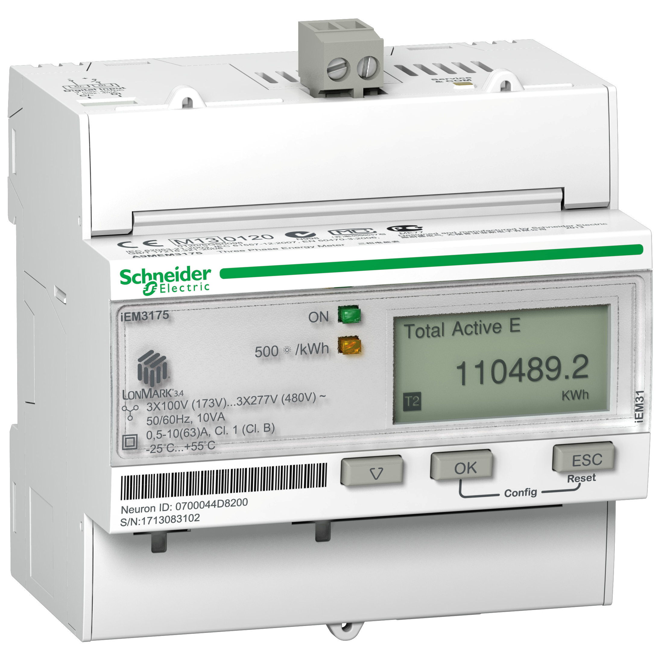 iEM3175: digitalno brojilo (kWh, kVArh, kW, kVAr, I, U), modularno, direktno do 63A, 4 tarife, LON, 1DI
