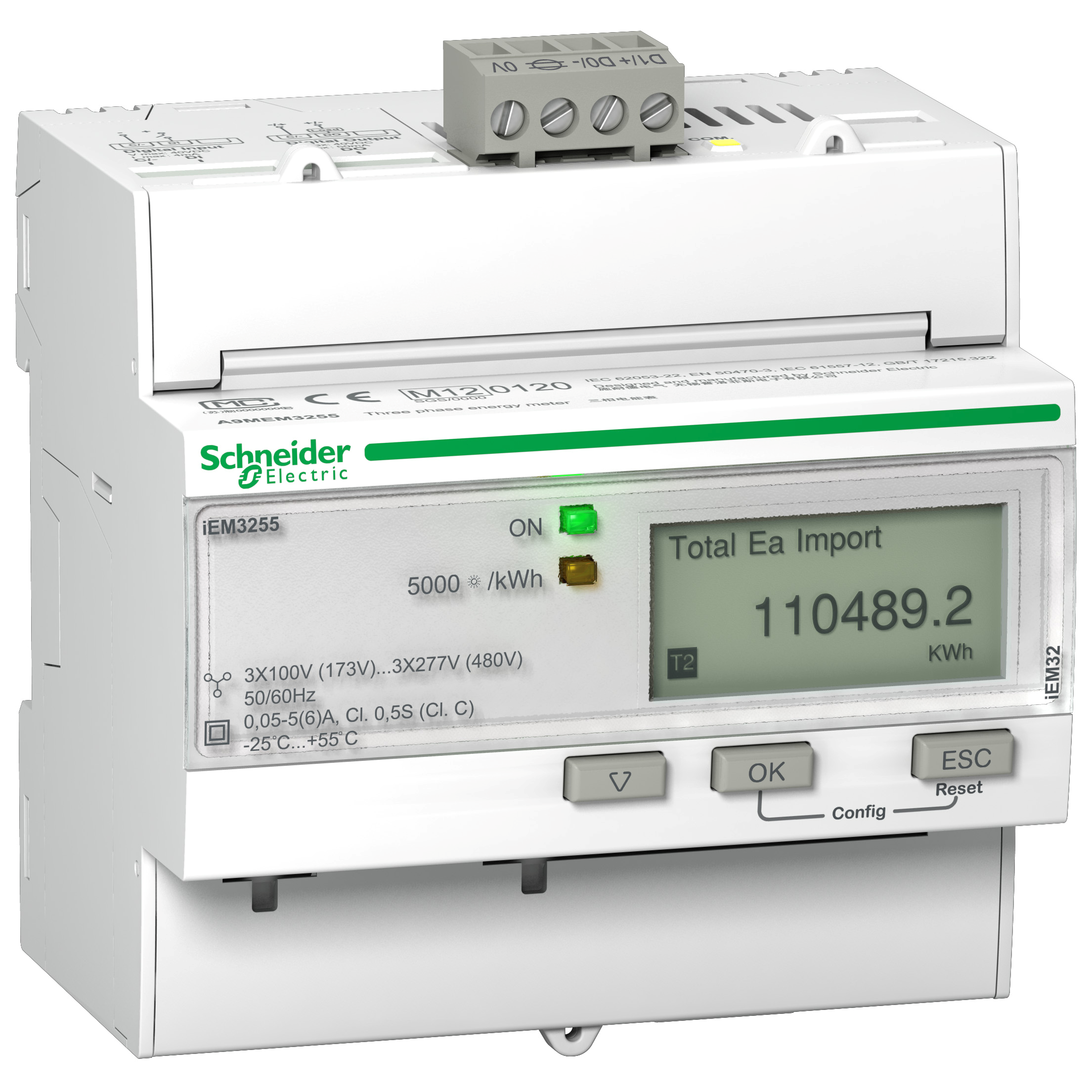 iEM3255: digitalno brojilo (kWh, kVArh, kW, kVAr, I, U), modularno, indirektno, strujni trafo x/1A,5A, 4 tarife, Modbus RS485, 1DI/1DO