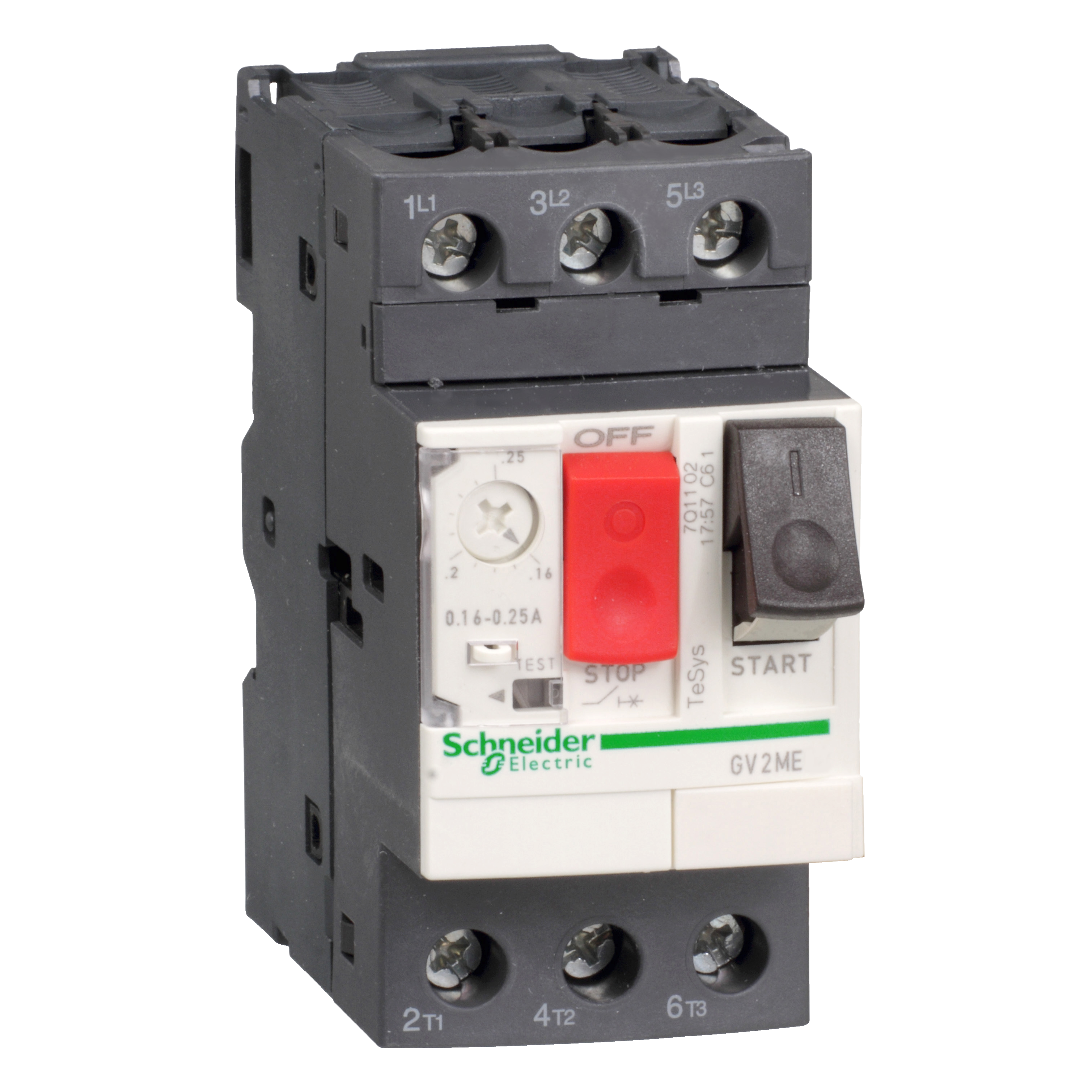 TeSys GV2ME: Motorni zastitni prekidac, termo-magnetni, 3P na zavrtanj, komanda tasterima (P=0.09kW: Ir=0.25-0.4A: Im=5A: Icu>100kA: Ics=100%Icu)