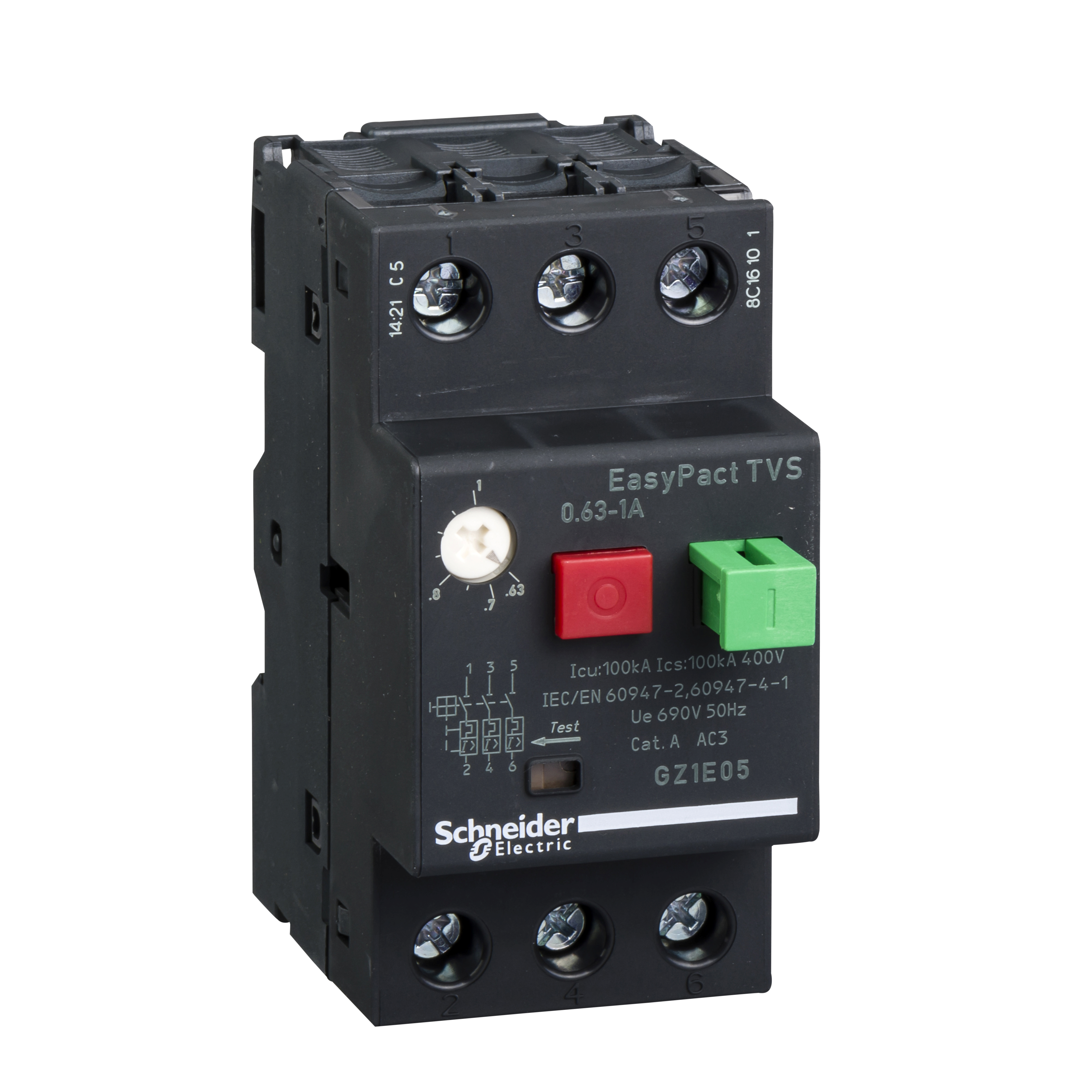 TeSys GZ1: motorni zastitni prekidac, termo-magnetni, 3P na zavrtanj, komanda tasterima, (P=0.25kW: Ir=0.63-1.0A: Im=13A: Icu>100kA)