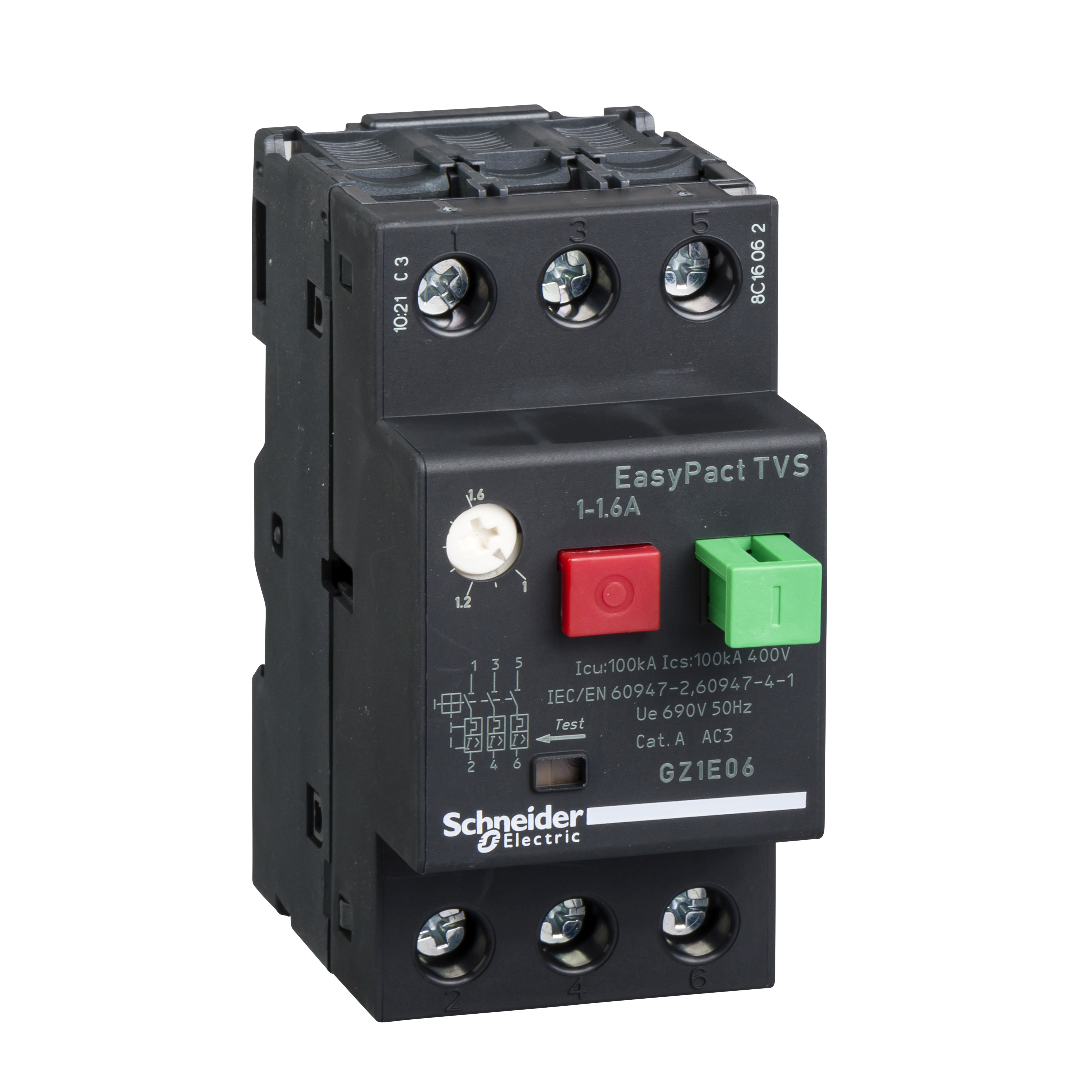 TeSys GZ1: motorni zastitni prekidac, termo-magnetni, 3P na zavrtanj, komanda tasterima, (P=0.55kW: Ir=1.0-1.6A: Im=22.5A: Icu>100kA)