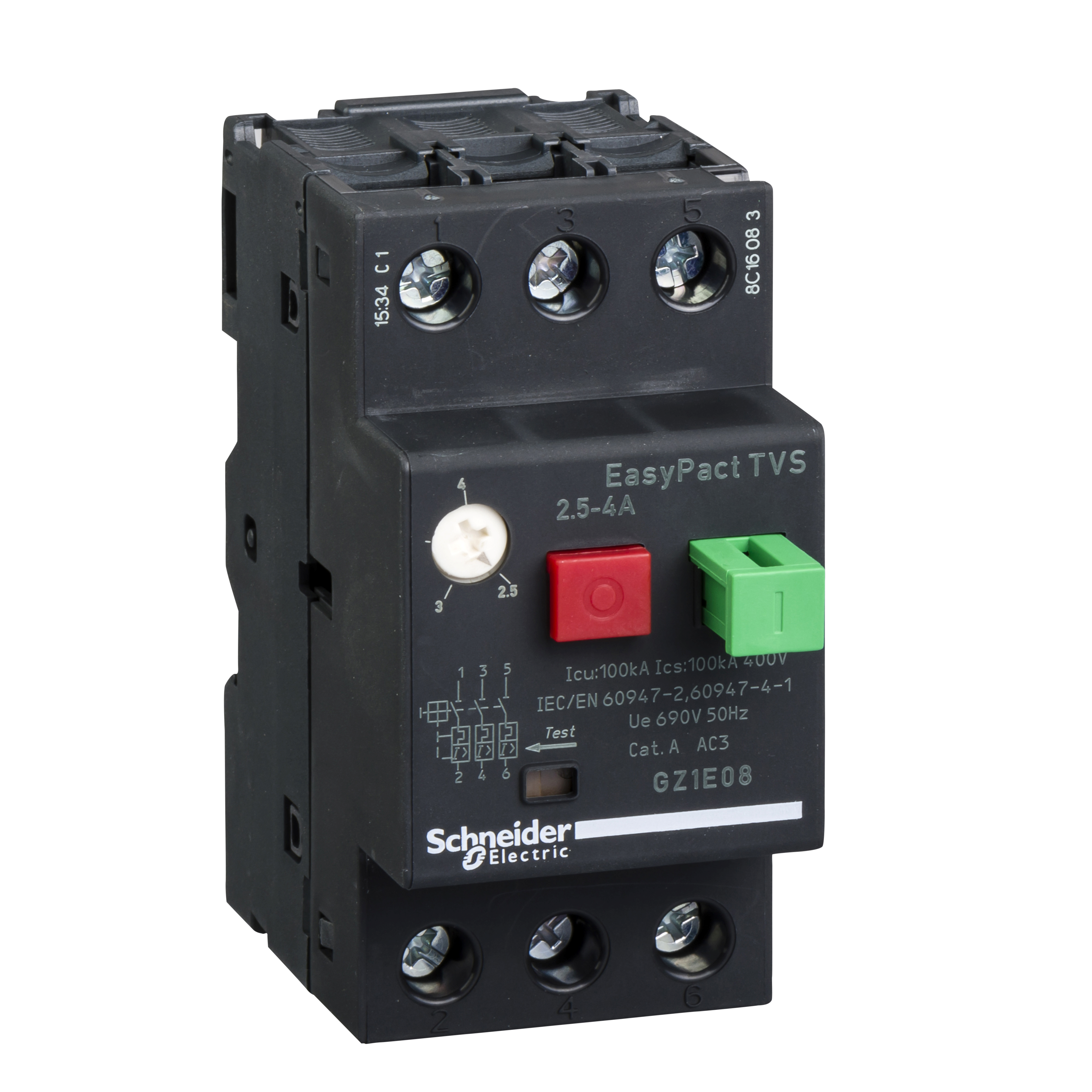 TeSys GZ1: motorni zastitni prekidac, termo-magnetni, 3P na zavrtanj, komanda tasterima, (P=1.5kW: Ir=2.5-4.0A: Im=51A: Icu>100kA)