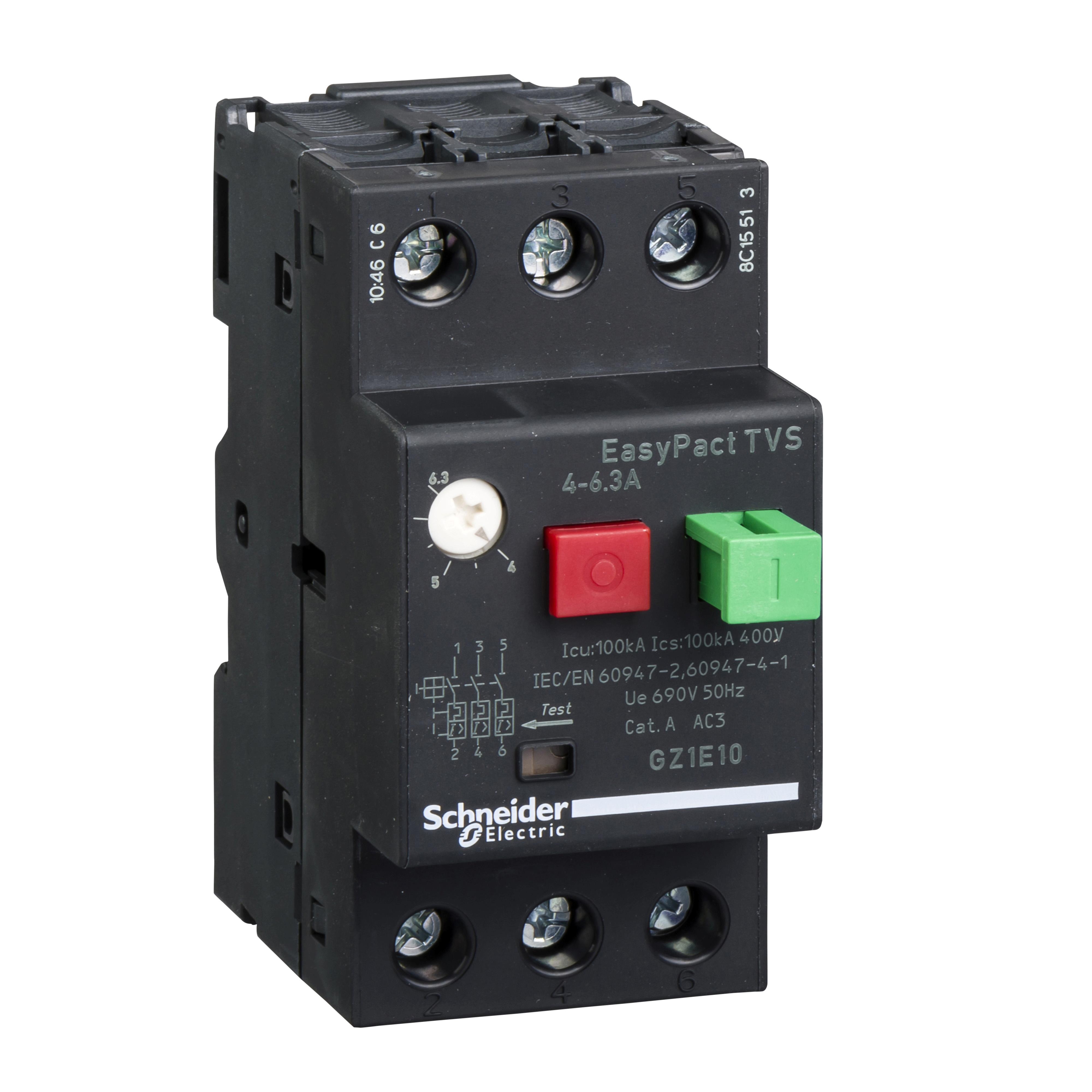 TeSys GZ1: motorni zastitni prekidac, termo-magnetni, 3P na zavrtanj, komanda tasterima, (P=2.2kW: Ir=4.0-6.3A: Im=78A: Icu>100kA)
