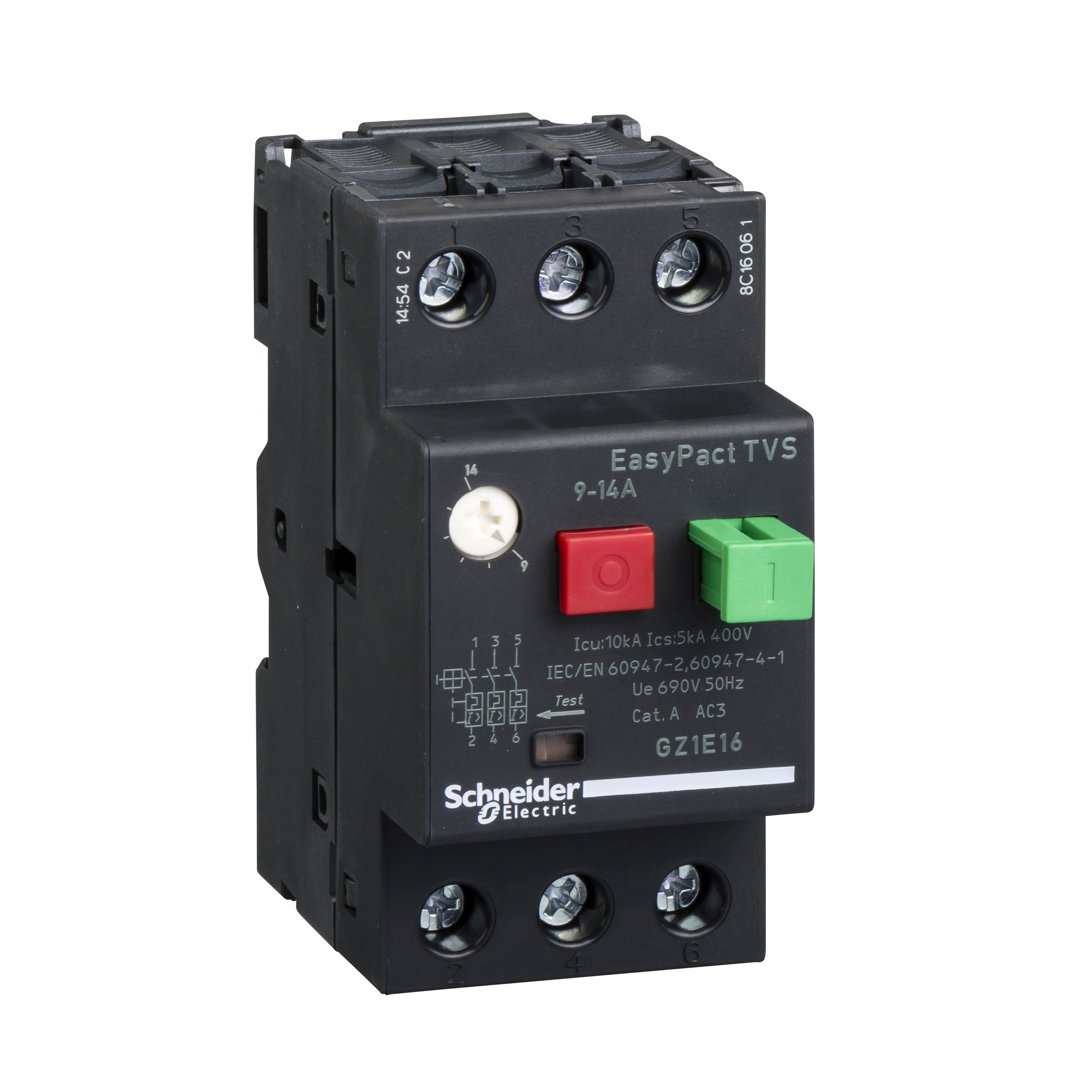 TeSys GZ1: motorni zastitni prekidac, termo-magnetni, 3P na zavrtanj, komanda tasterima, (P=5.5kW: Ir=9.0-14.0A: Im=170A: Icu=10kA)