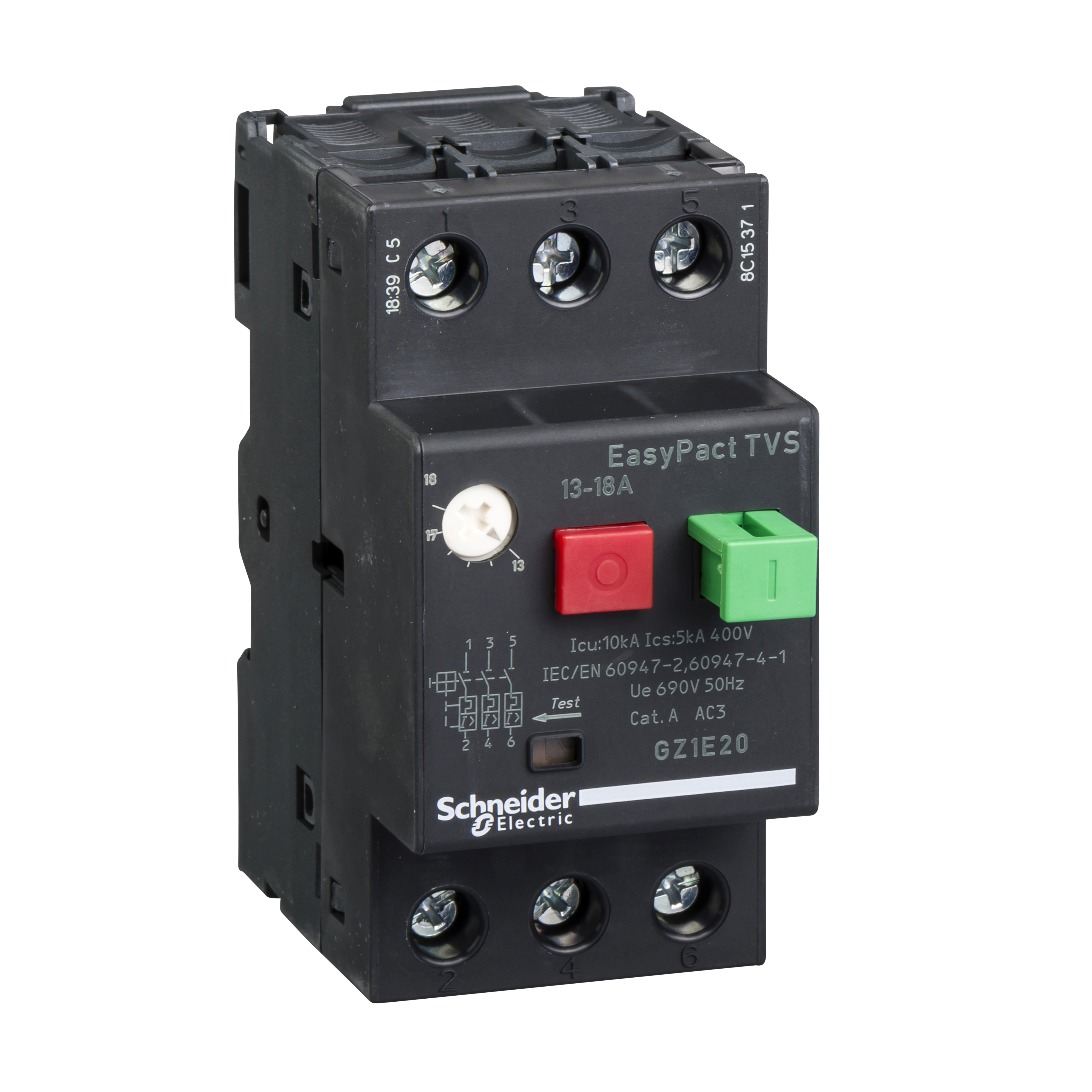 TeSys GZ1: motorni zastitni prekidac, termo-magnetni, 3P na zavrtanj, komanda tasterima, (P=7.5kW: Ir=13.0-18.0A: Im=223A: Icu=10kA)