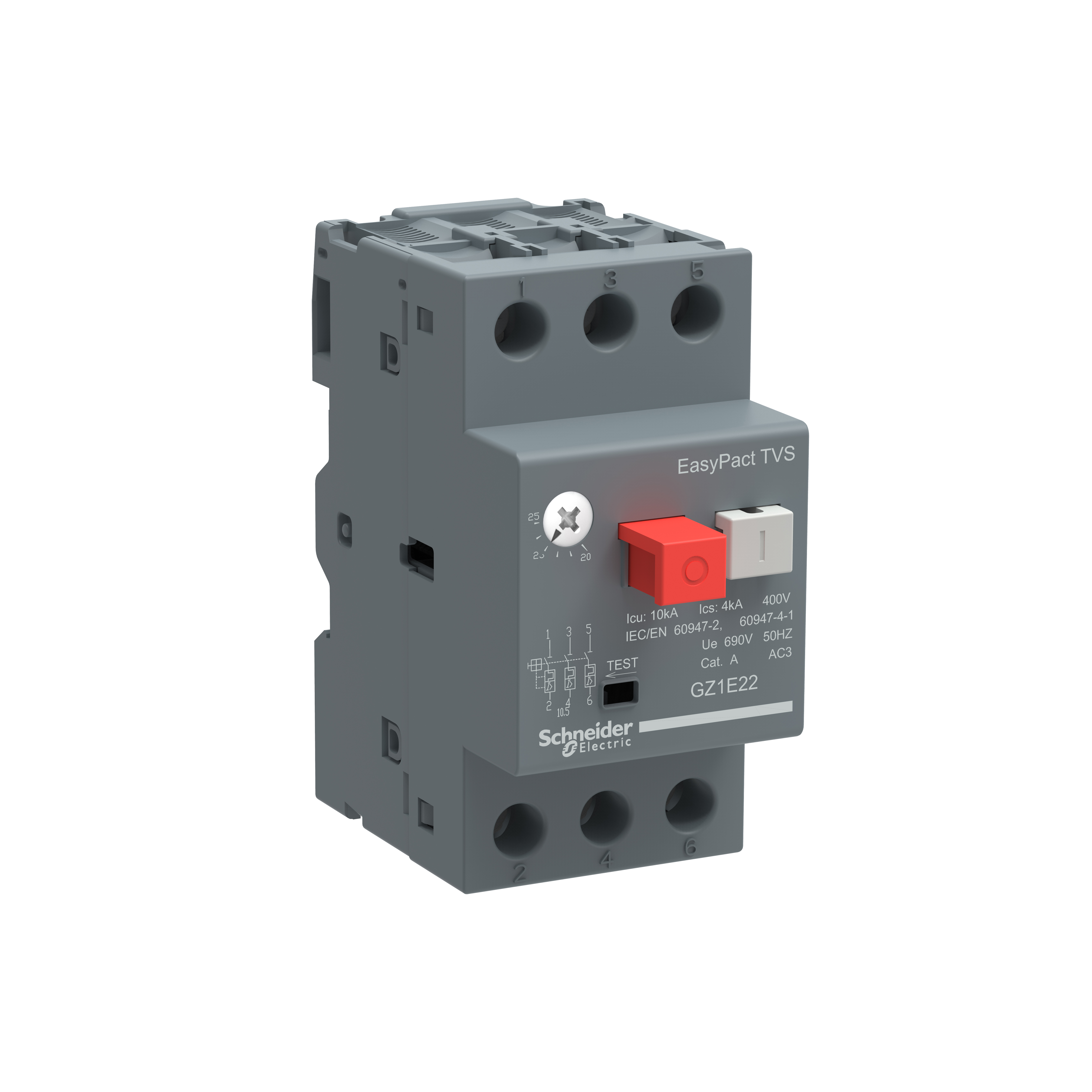 TeSys GZ1: motorni zastitni prekidac, termo-magnetni, 3P na zavrtanj, komanda tasterima, (P=11kW: Ir=20.0-25.0A: Im=327A: Icu=10kA)